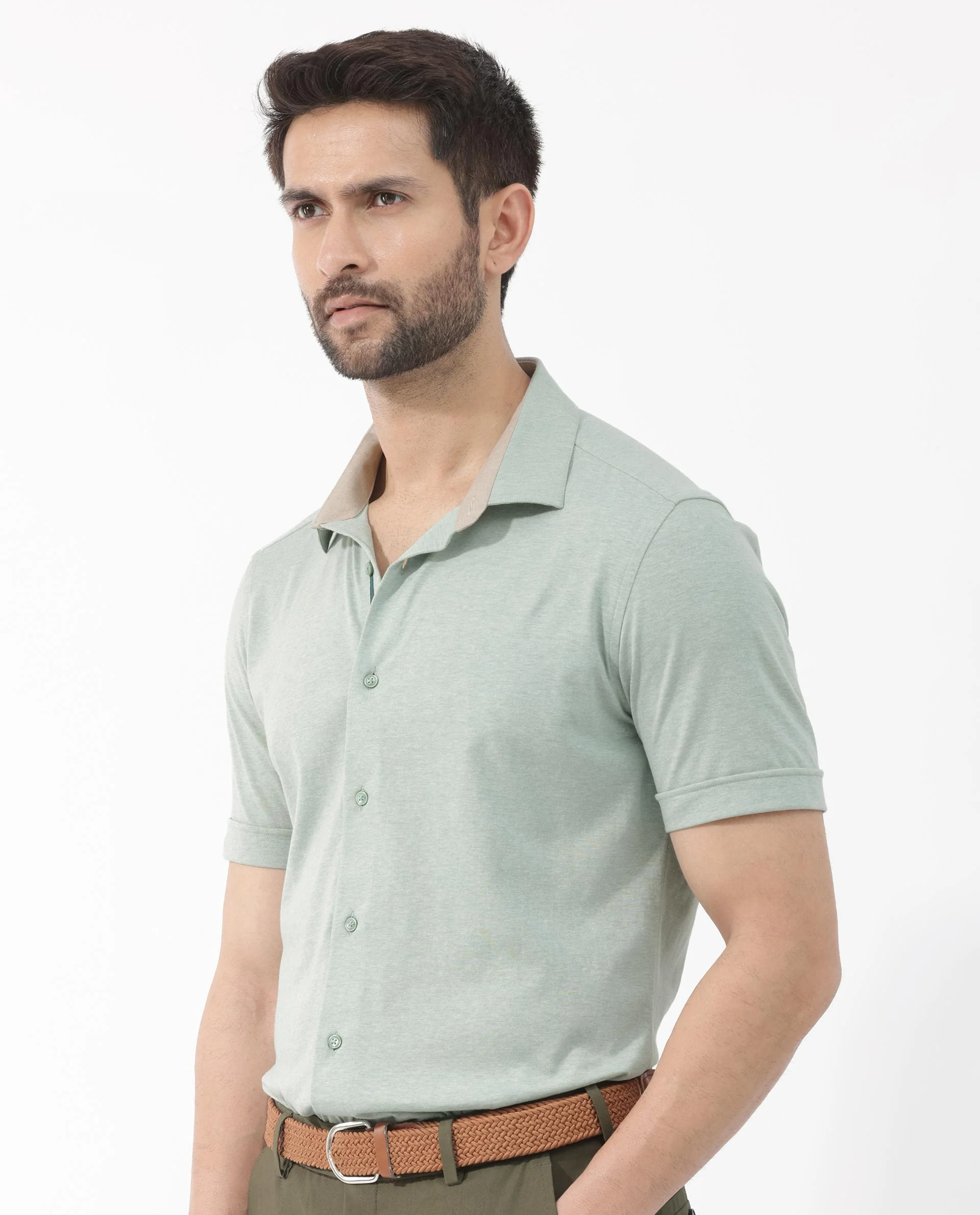 Rare Rabbit Men's Miraje Pastel Green Cotton Plain Regular Fit Half Sleeve Collared Shirt - Image 6