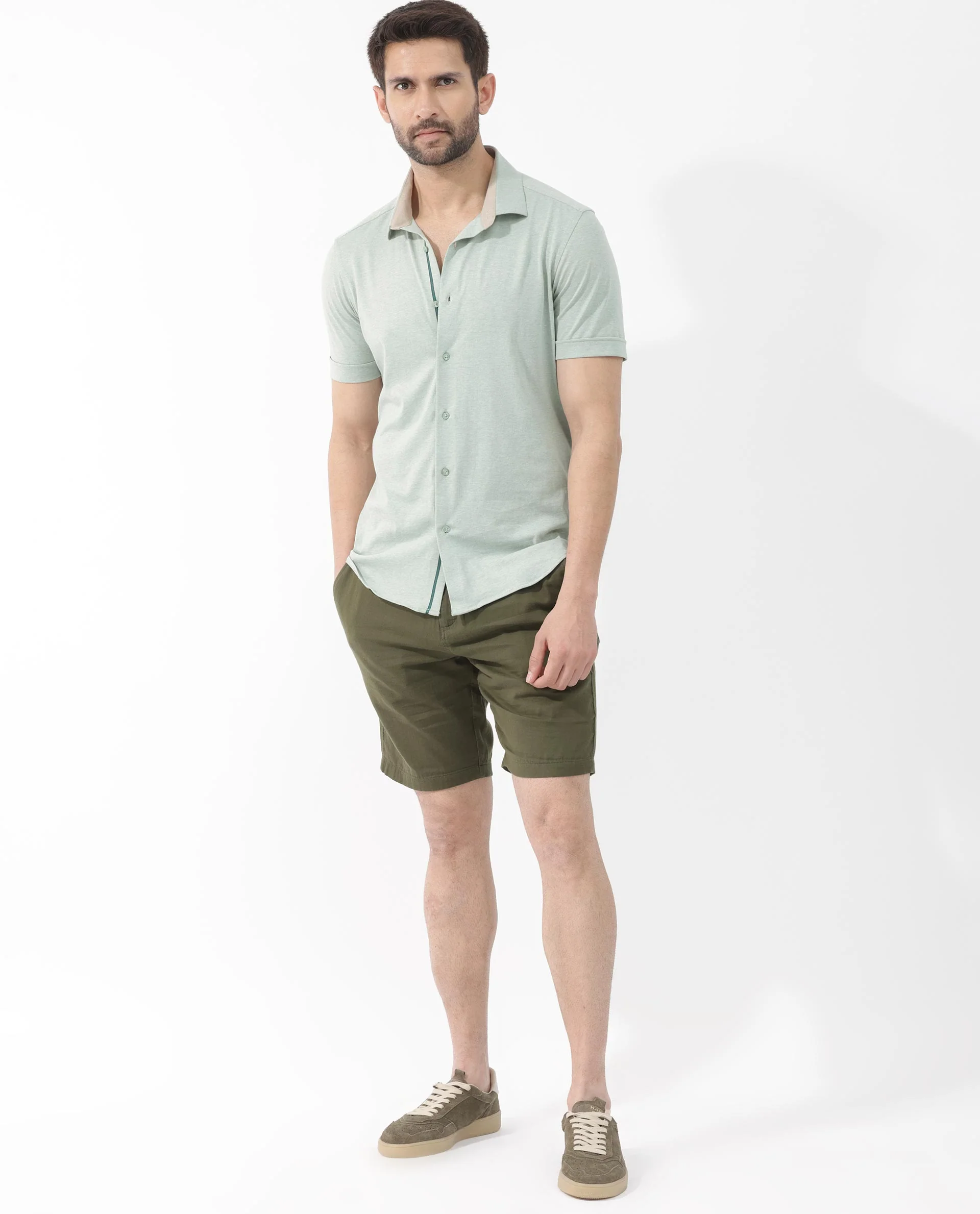 Rare Rabbit Men's Miraje Pastel Green Cotton Plain Regular Fit Half Sleeve Collared Shirt - Image 7