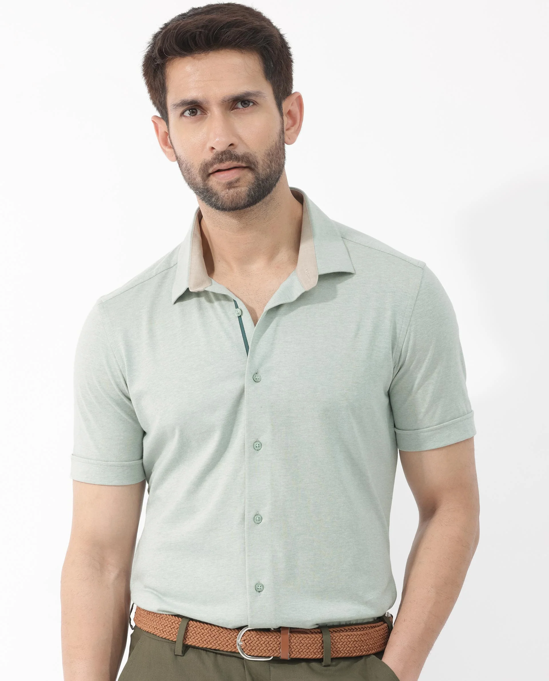 Rare Rabbit Men's Miraje Pastel Green Cotton Plain Regular Fit Half Sleeve Collared Shirt - Image 8