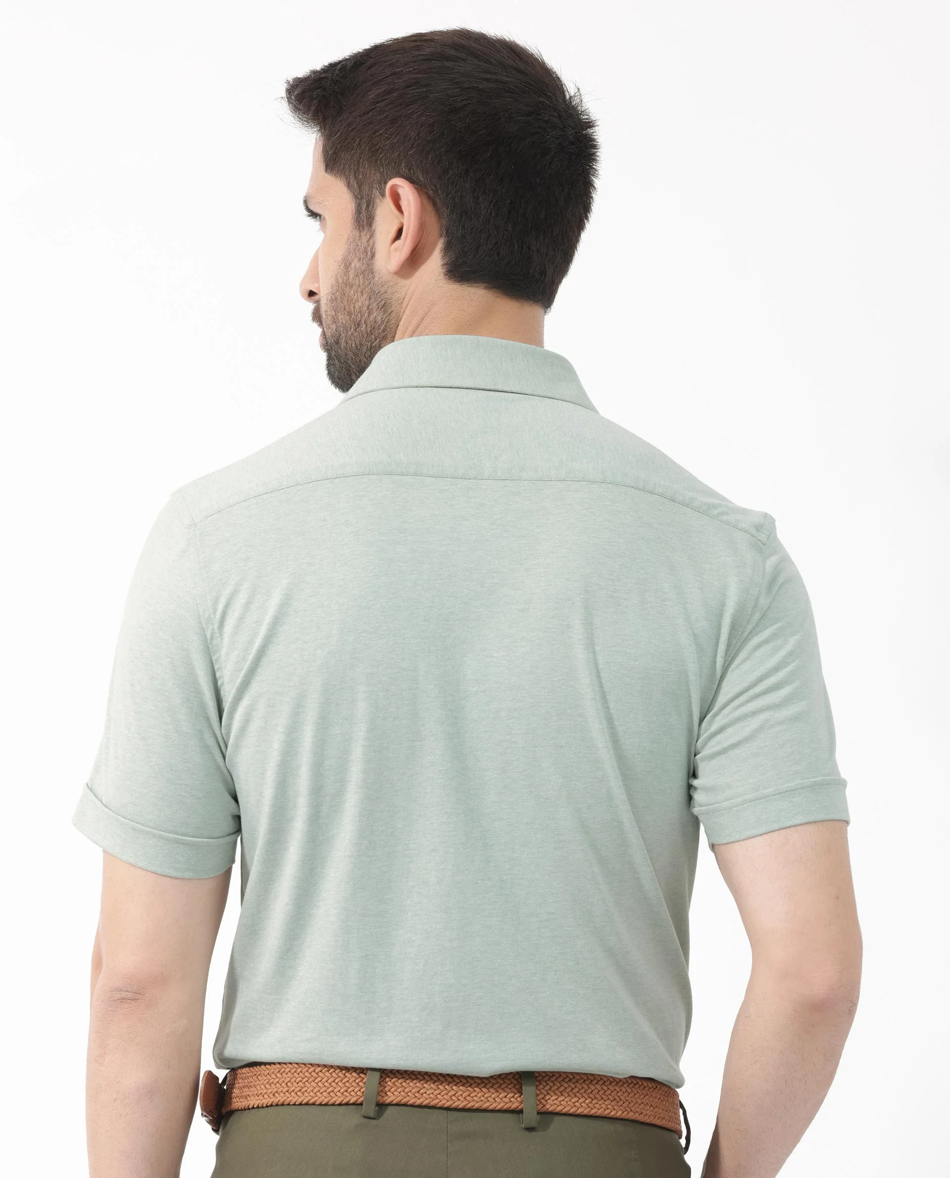 Rare Rabbit Men's Miraje Pastel Green Cotton Plain Regular Fit Half Sleeve Collared Shirt - Image 9