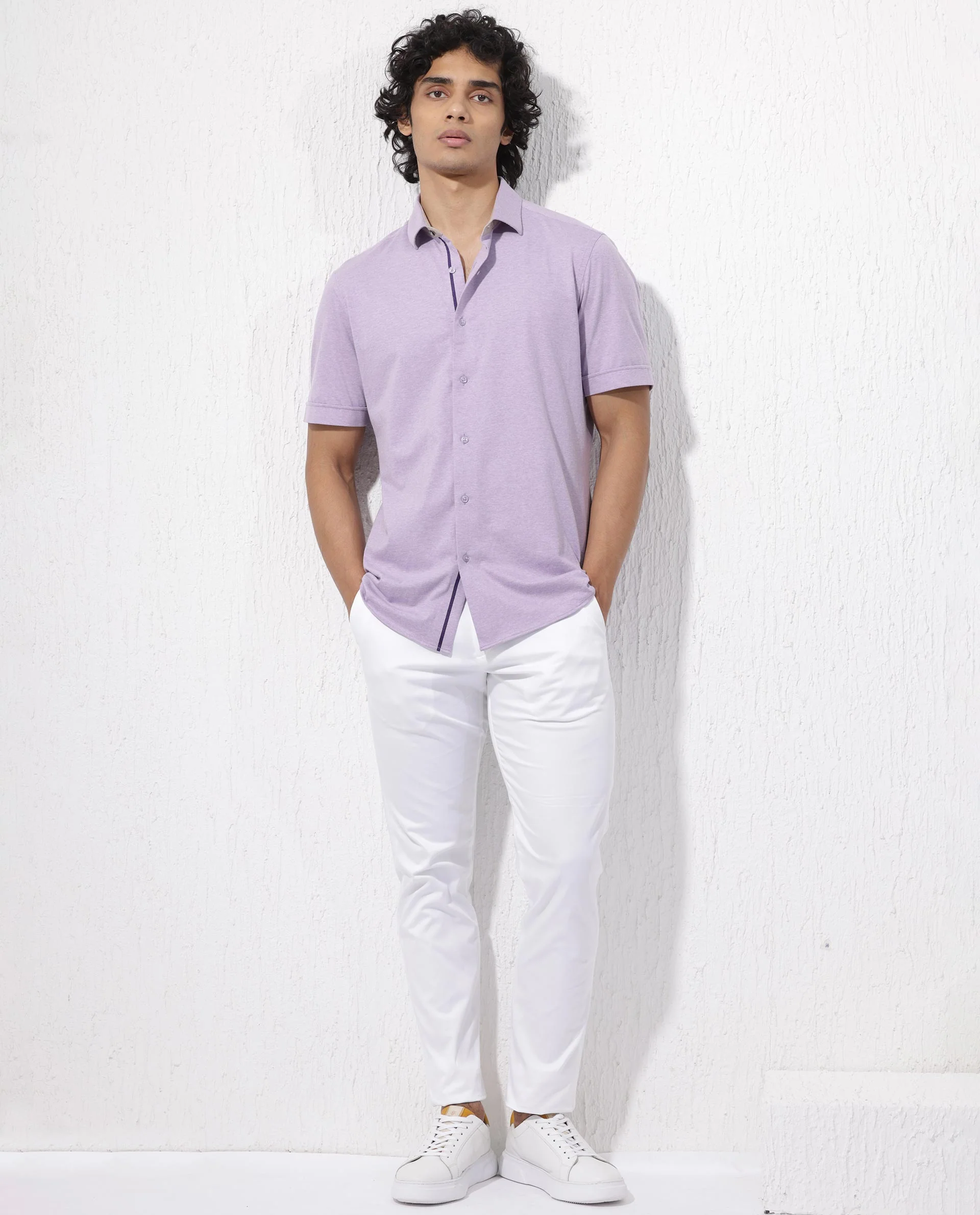 Rare Rabbit Men's Miraje Pastel Purple Cotton Plain Regular Fit Half Sleeve Collared Shirt - Image 2