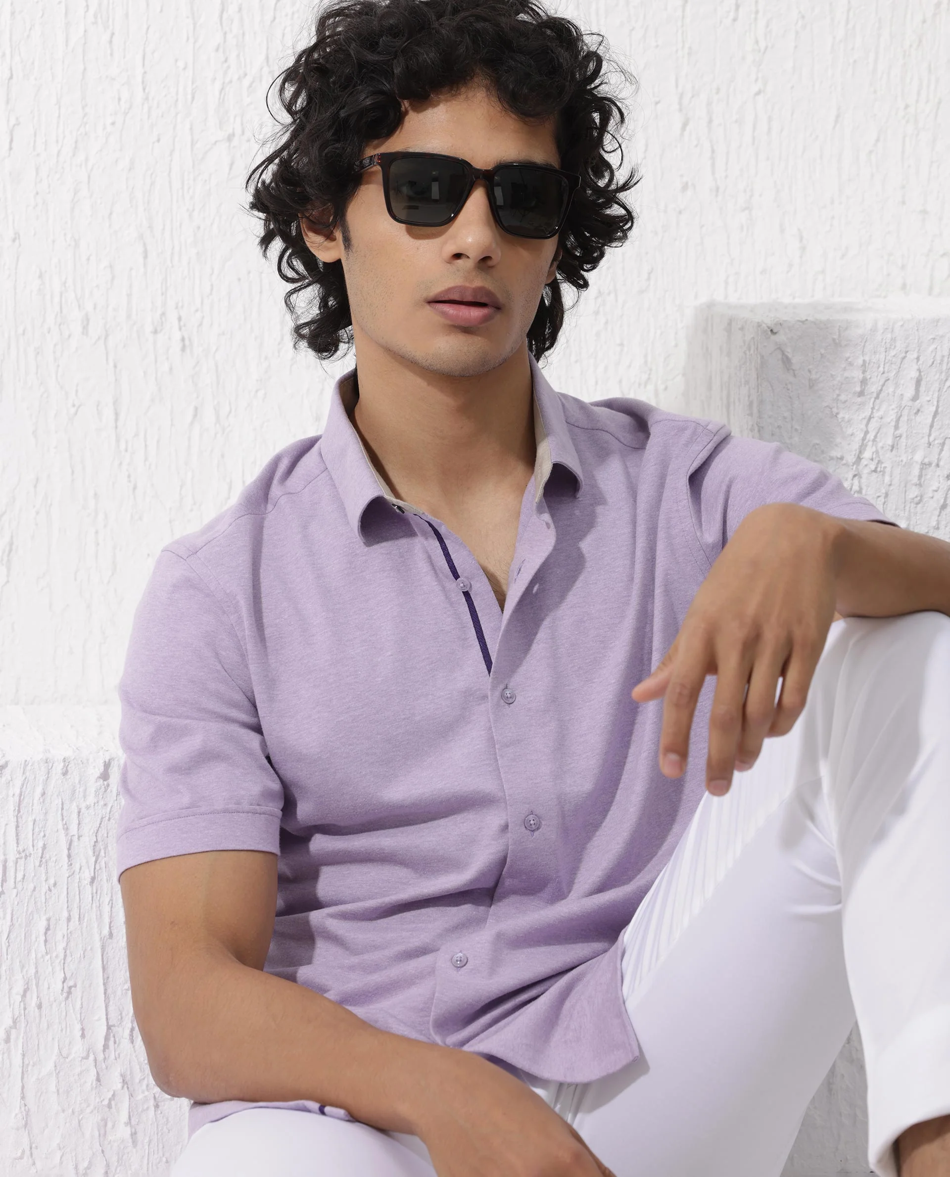 Rare Rabbit Men's Miraje Pastel Purple Cotton Plain Regular Fit Half Sleeve Collared Shirt - Image 3
