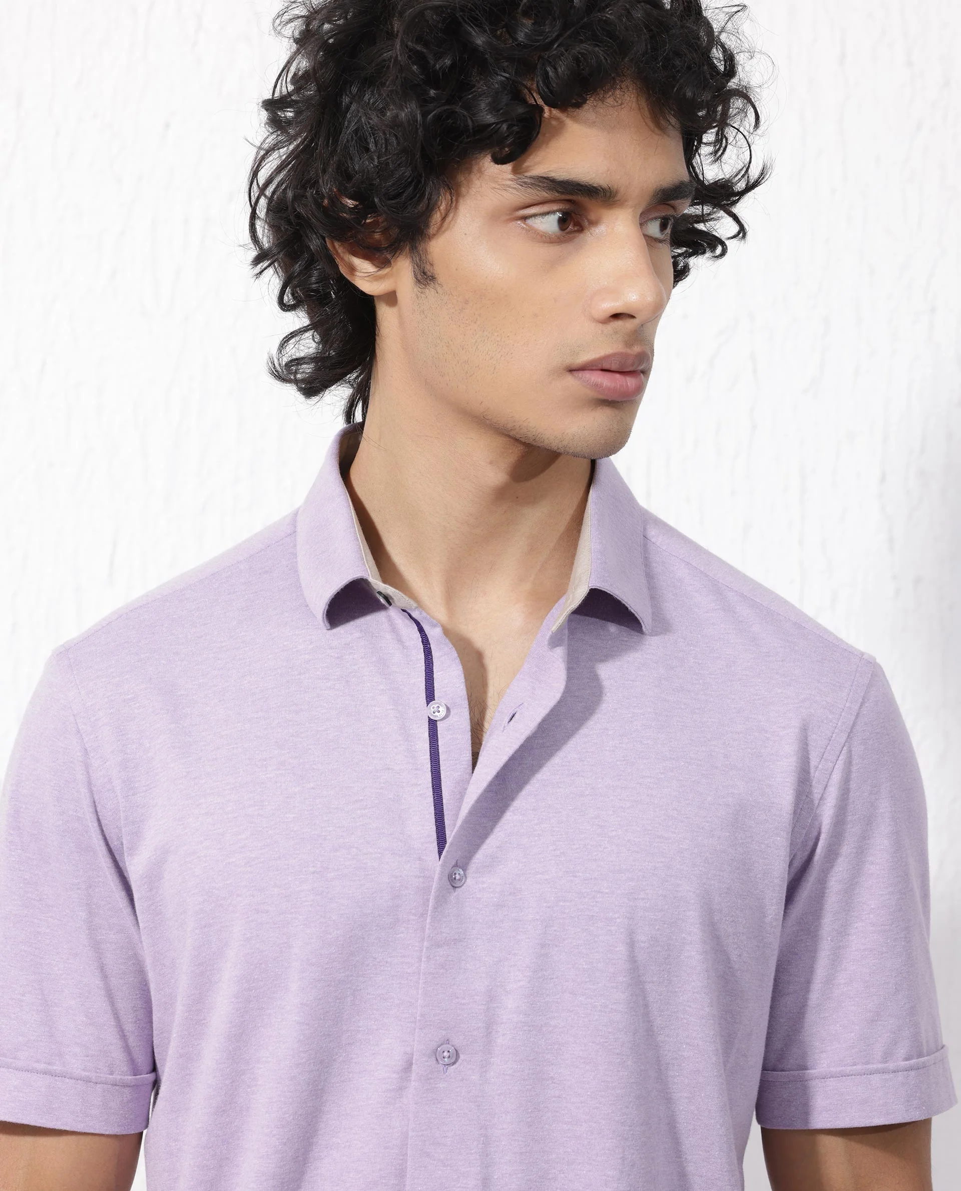 Rare Rabbit Men's Miraje Pastel Purple Cotton Plain Regular Fit Half Sleeve Collared Shirt - Image 4