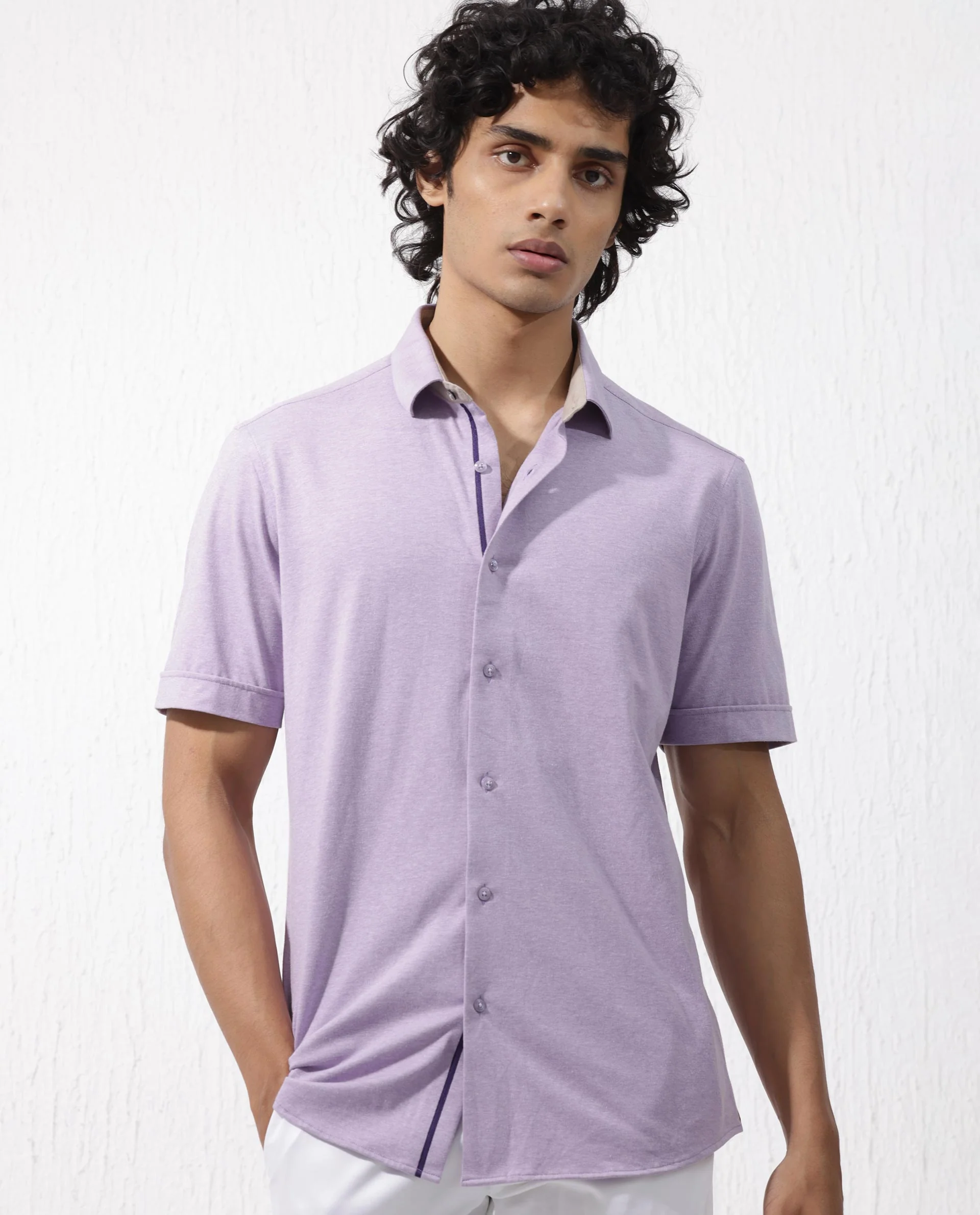 Rare Rabbit Men's Miraje Pastel Purple Cotton Plain Regular Fit Half Sleeve Collared Shirt - Image 5