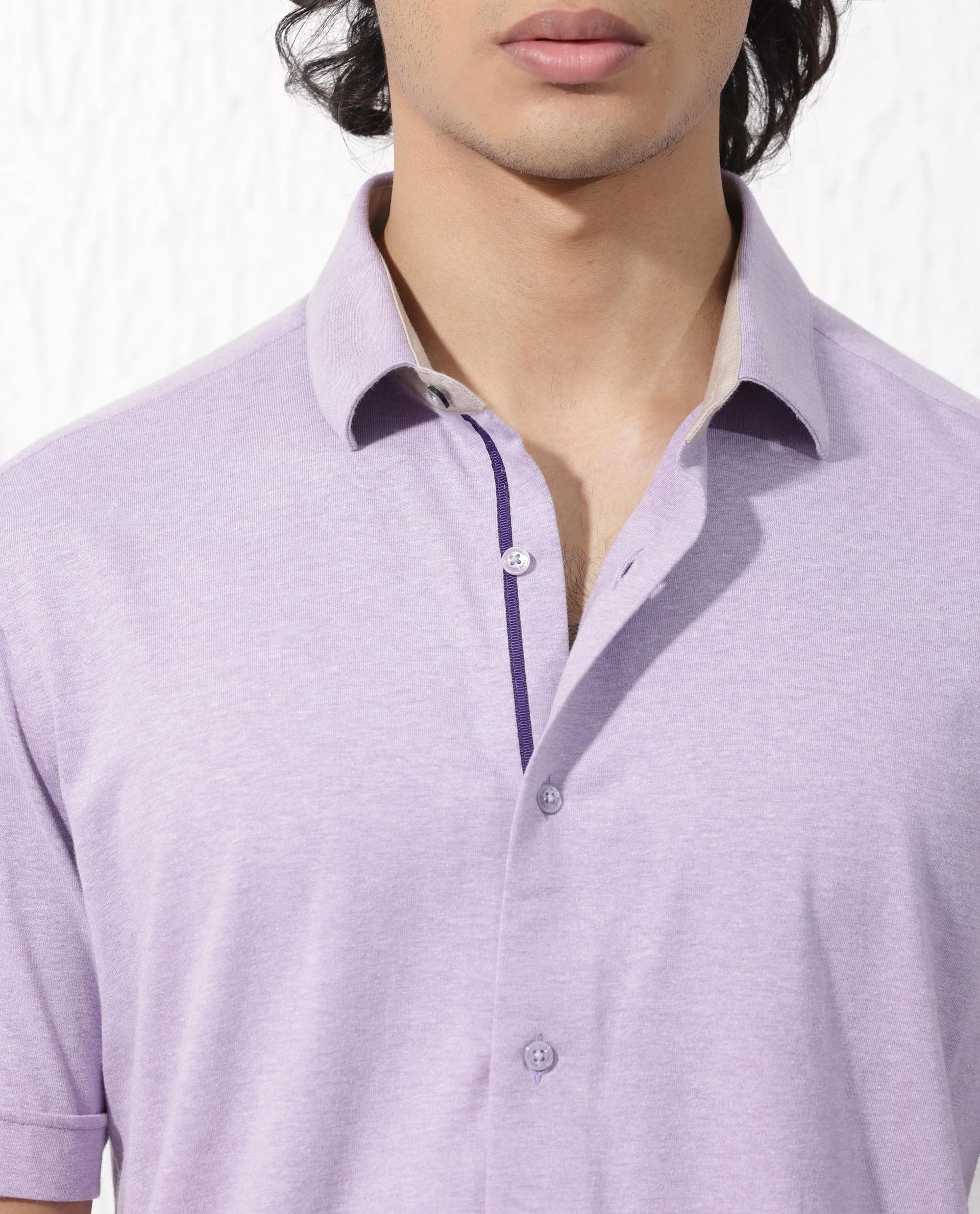 Rare Rabbit Men's Miraje Pastel Purple Cotton Plain Regular Fit Half Sleeve Collared Shirt - Image 6