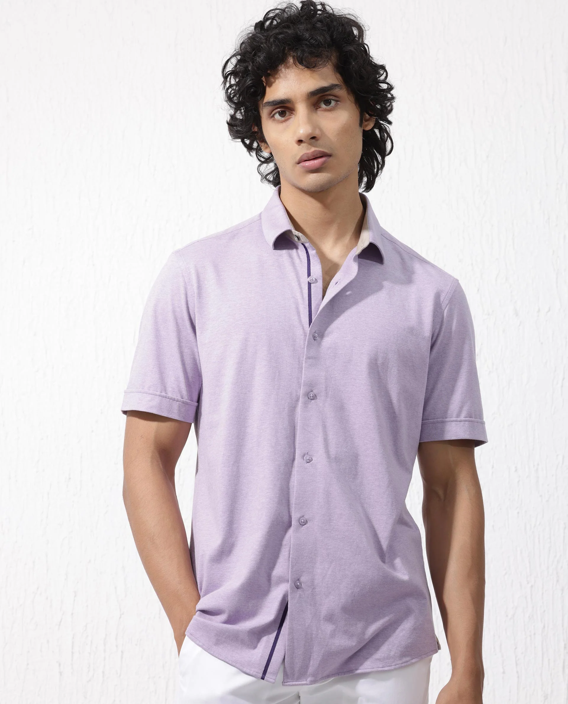 Rare Rabbit Men's Miraje Pastel Purple Cotton Plain Regular Fit Half Sleeve Collared Shirt - Image 7