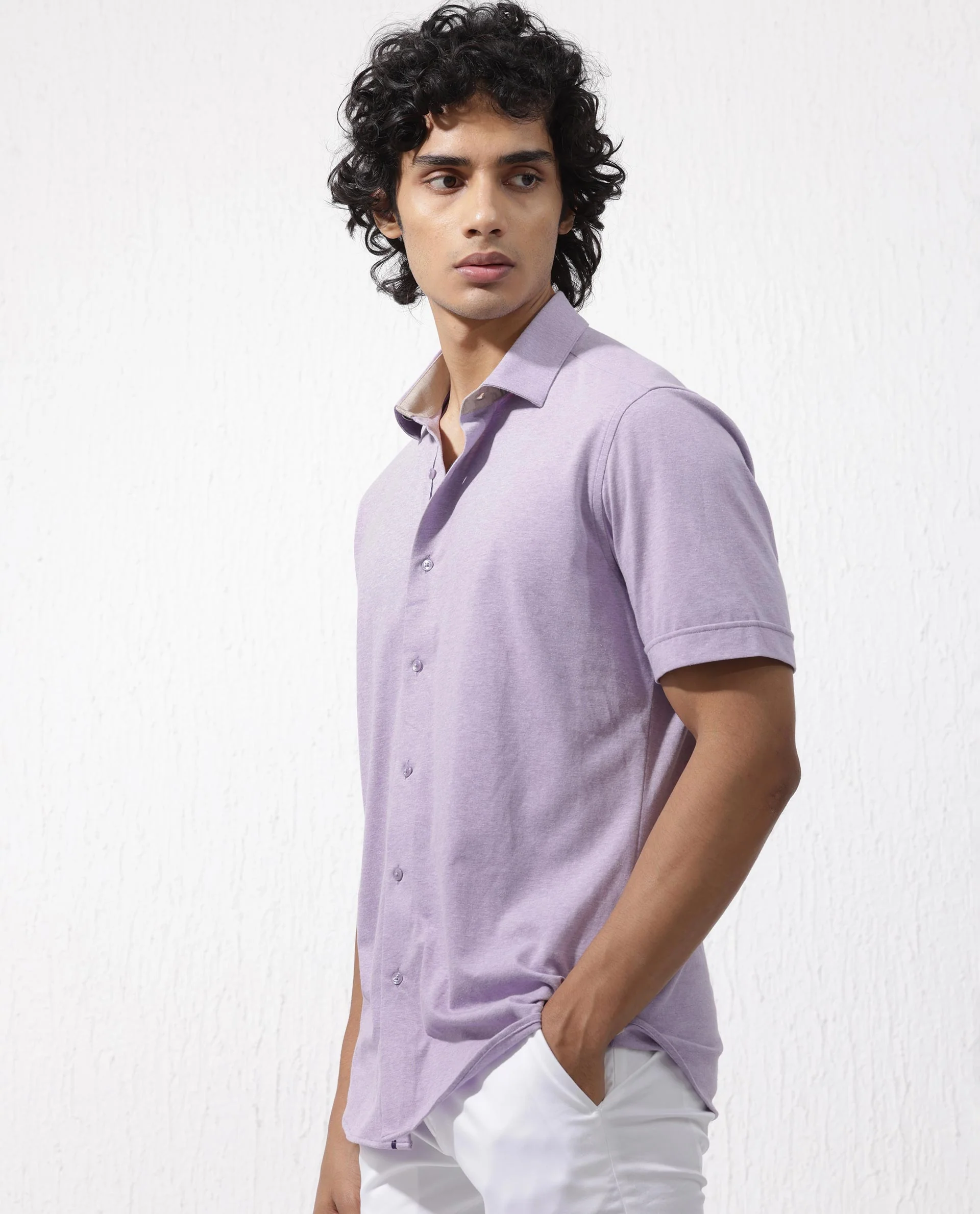 Rare Rabbit Men's Miraje Pastel Purple Cotton Plain Regular Fit Half Sleeve Collared Shirt - Image 9