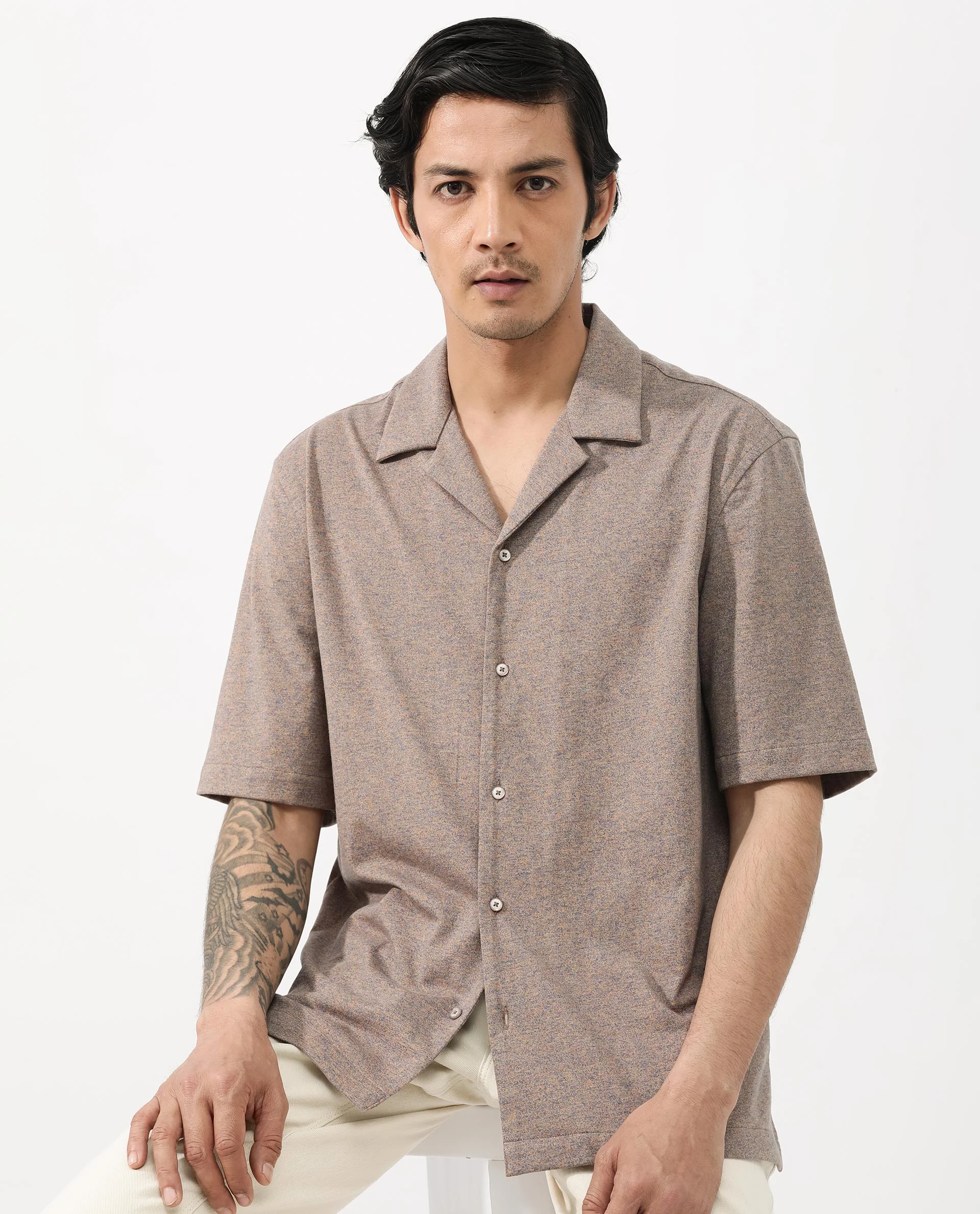 Rare Rabbit Men's Mirajo Dusky Orange Cotton Blend Plain Boxy Fit Half Sleeve Cuban Collar Shirt - Image 4