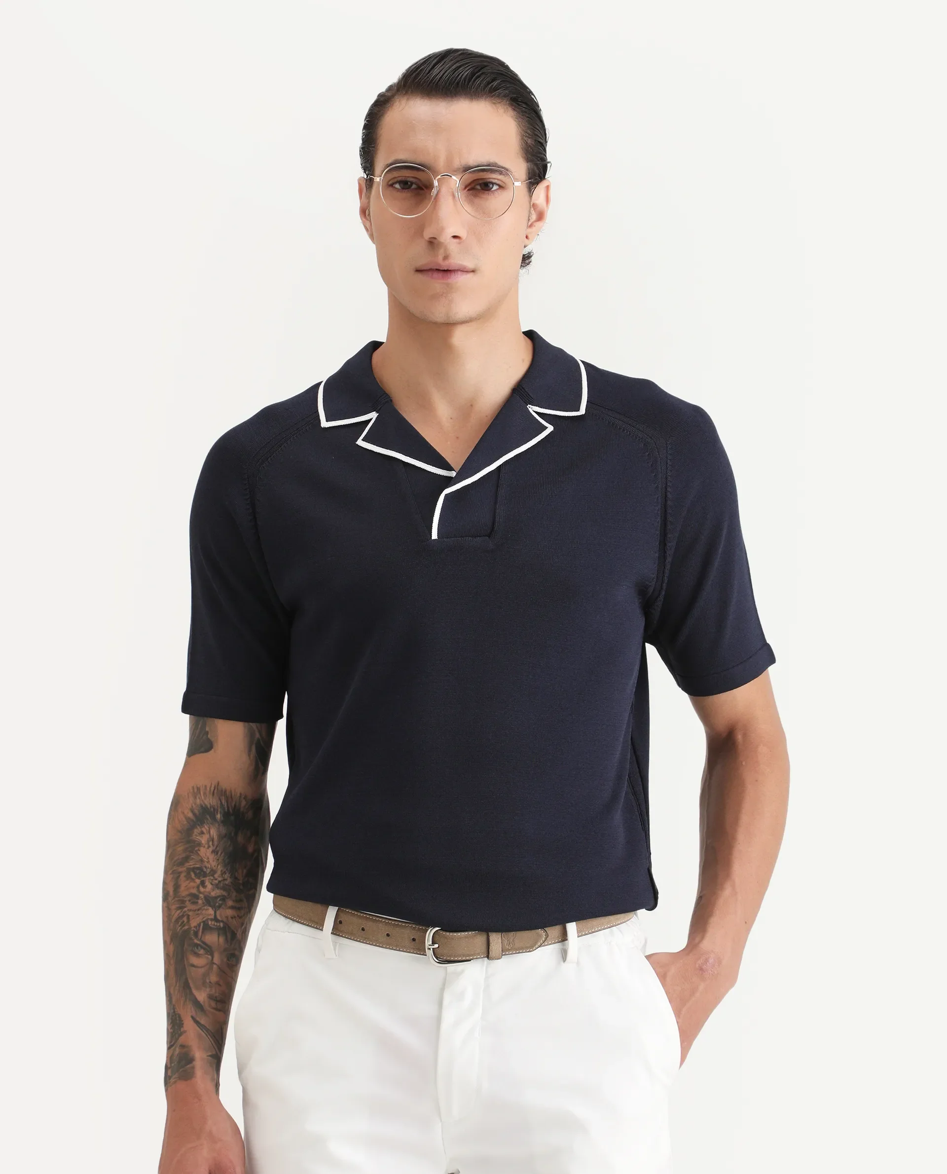 Rare Rabbit Men's Miri Navy Cotton Fabric Sleeveless Collared Neck Plain Polo