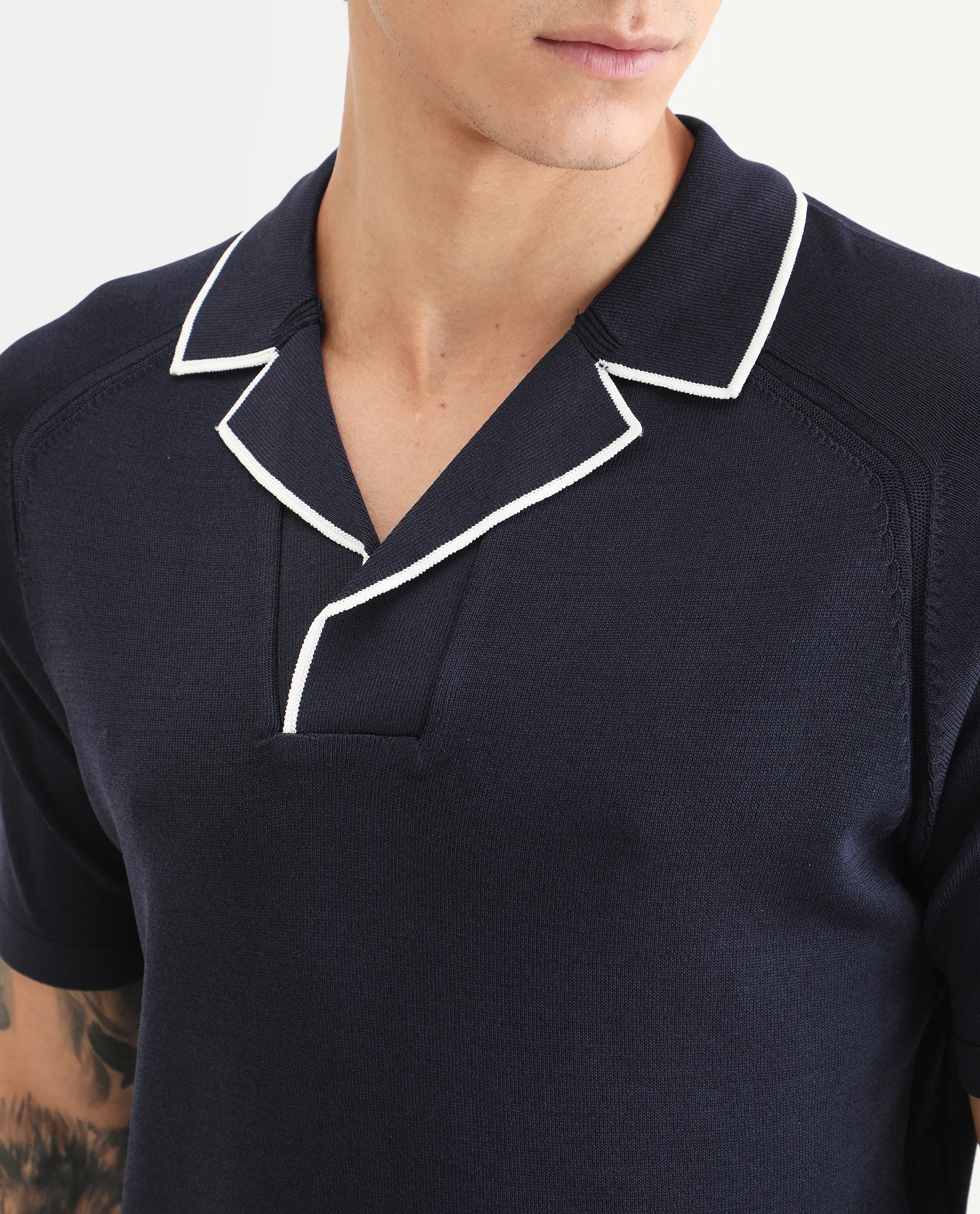 Rare Rabbit Men's Miri Navy Cotton Fabric Sleeveless Collared Neck Plain Polo - Image 3