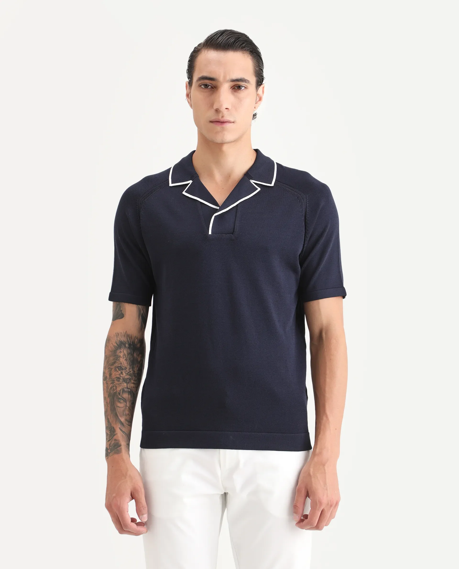 Rare Rabbit Men's Miri Navy Cotton Fabric Sleeveless Collared Neck Plain Polo - Image 4