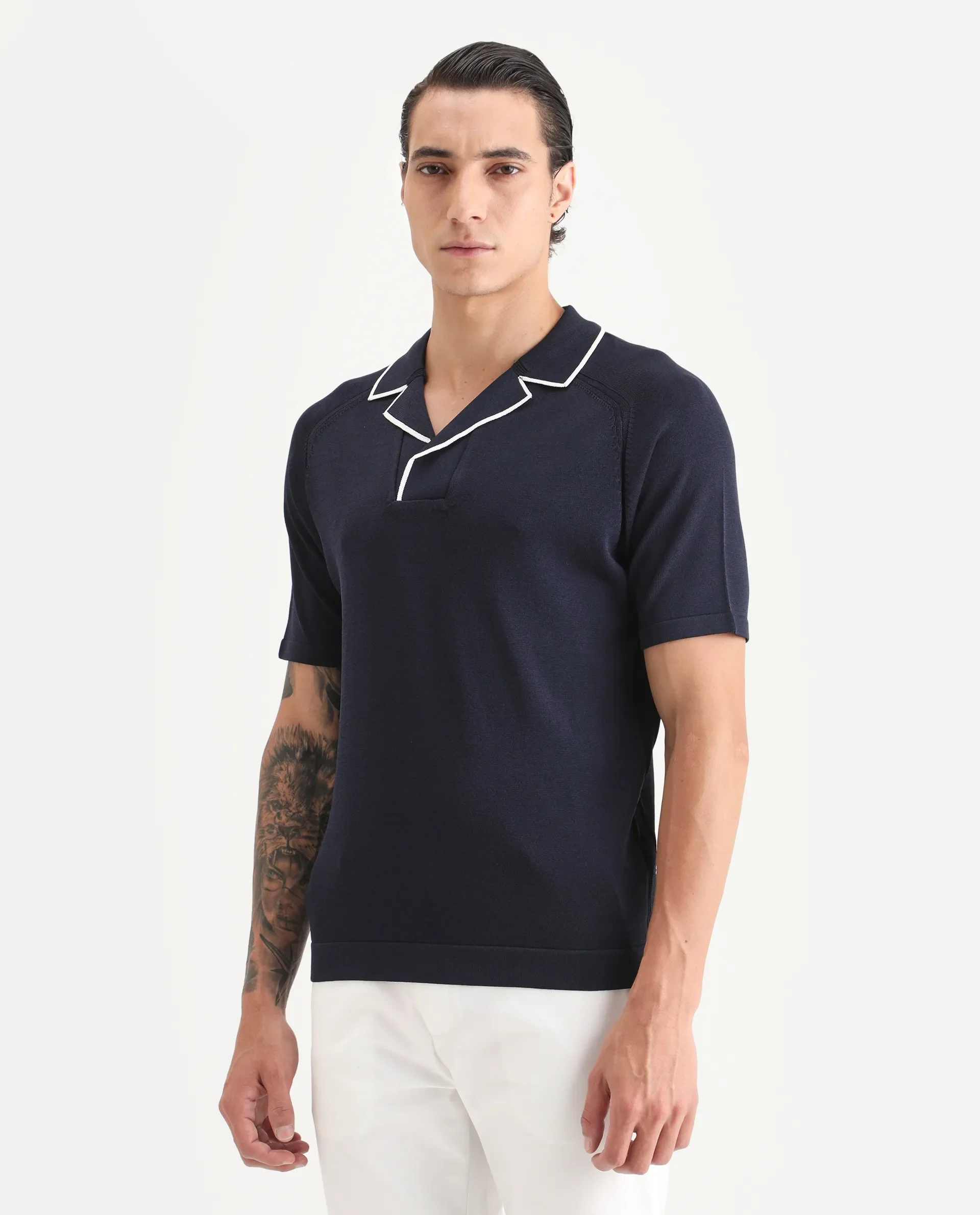 Rare Rabbit Men's Miri Navy Cotton Fabric Sleeveless Collared Neck Plain Polo - Image 5