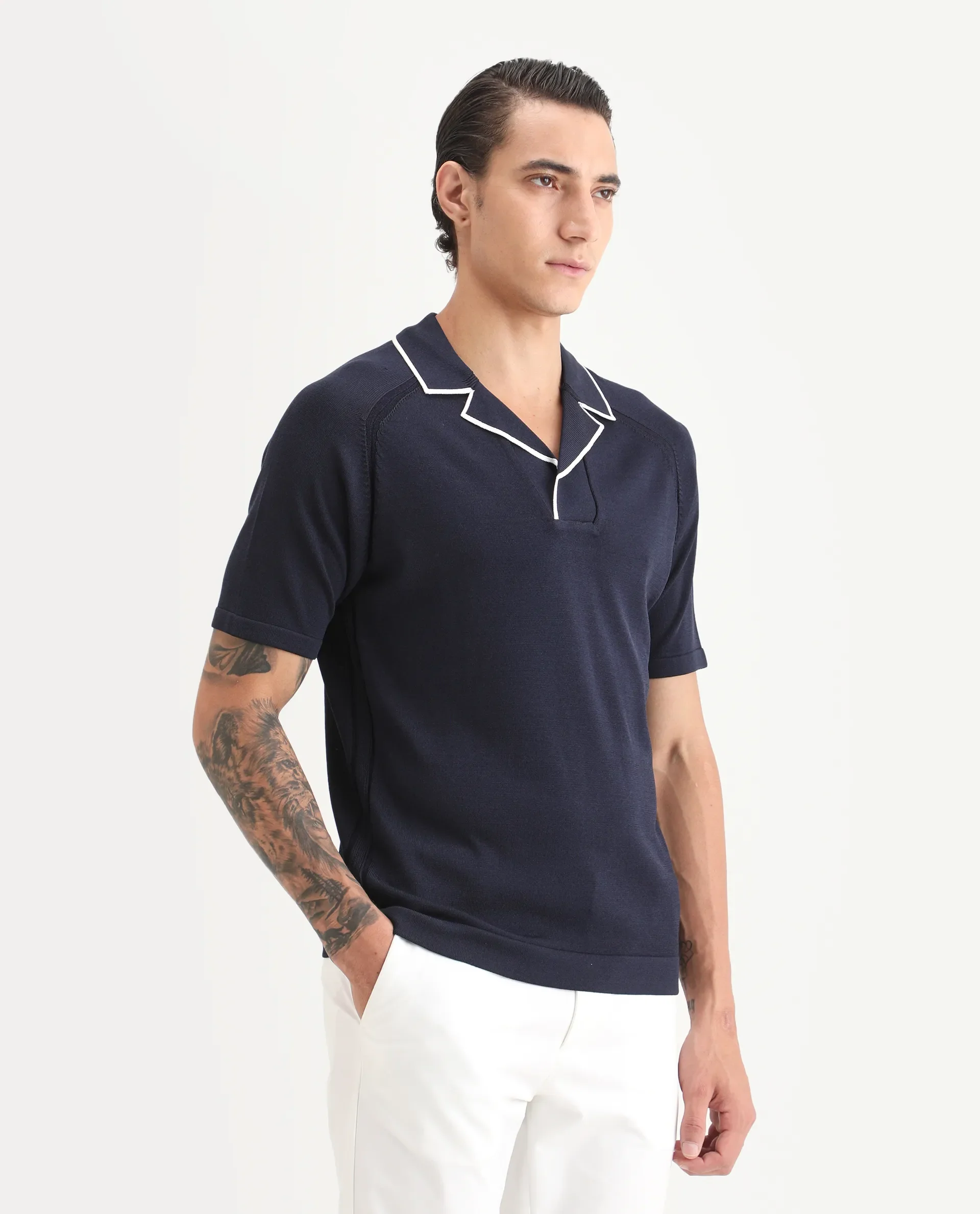 Rare Rabbit Men's Miri Navy Cotton Fabric Sleeveless Collared Neck Plain Polo - Image 6