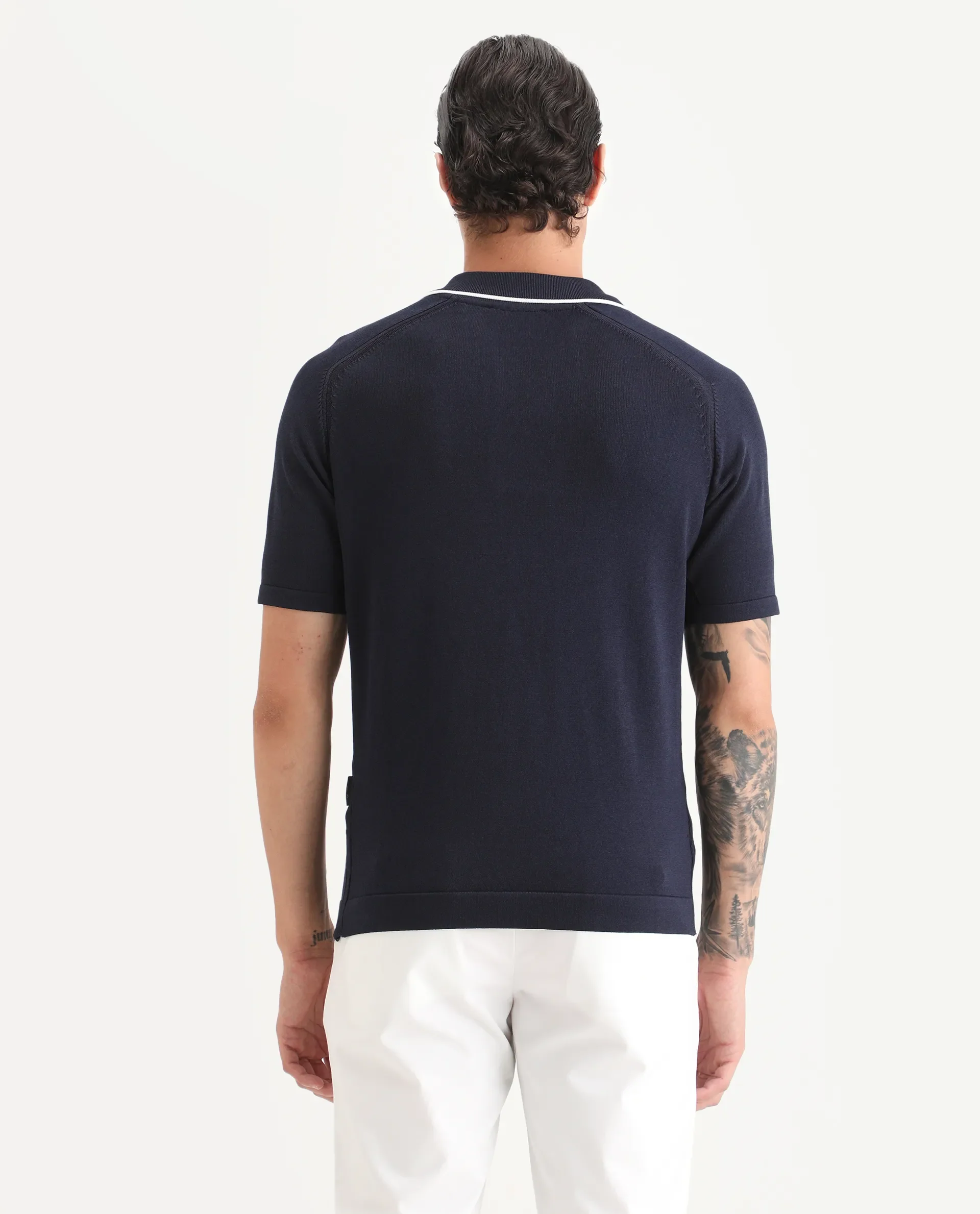 Rare Rabbit Men's Miri Navy Cotton Fabric Sleeveless Collared Neck Plain Polo - Image 7