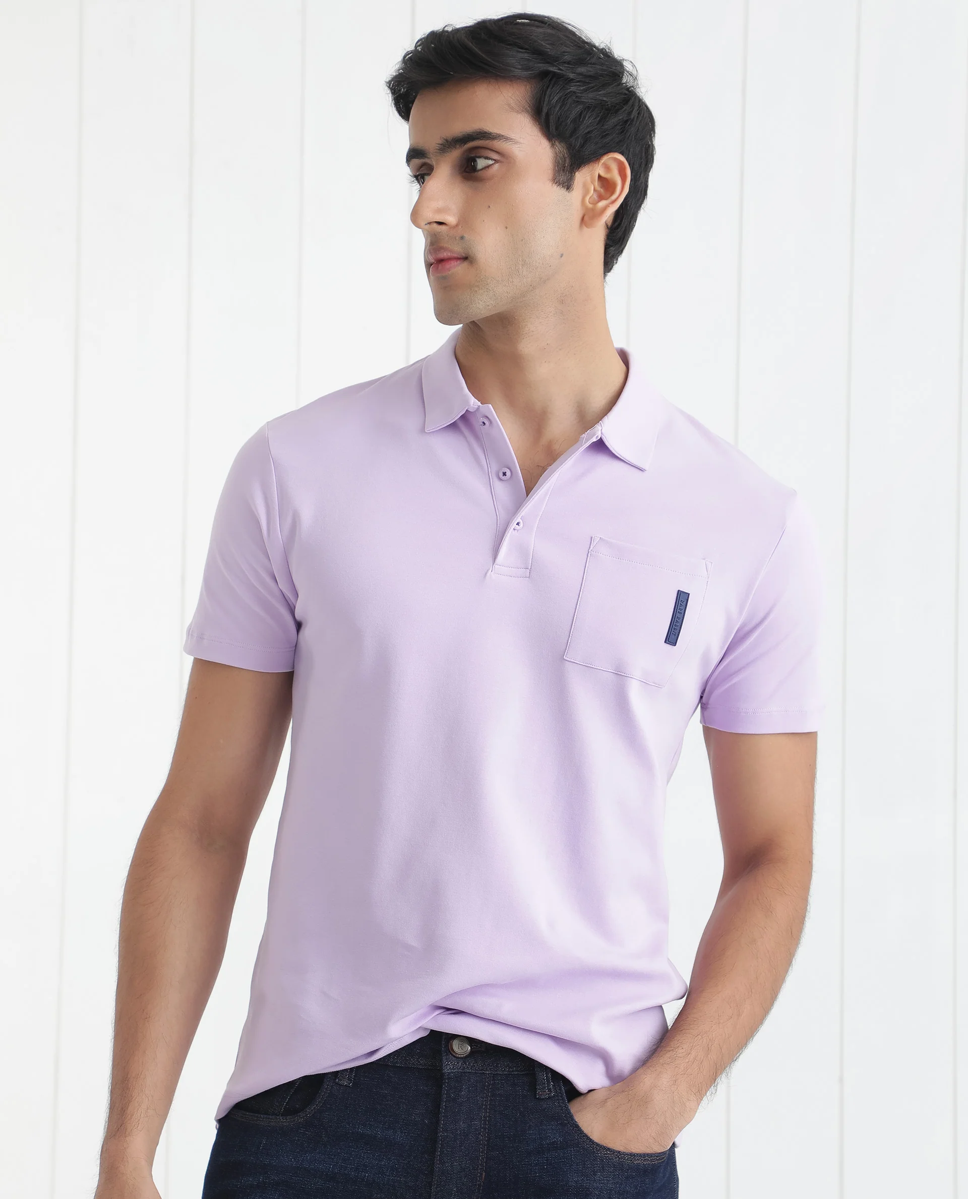 Rare Rabbit Men's Mirim Pastel Purple Cotton Plain Regular Fit Half Sleeve Polo - Image 3