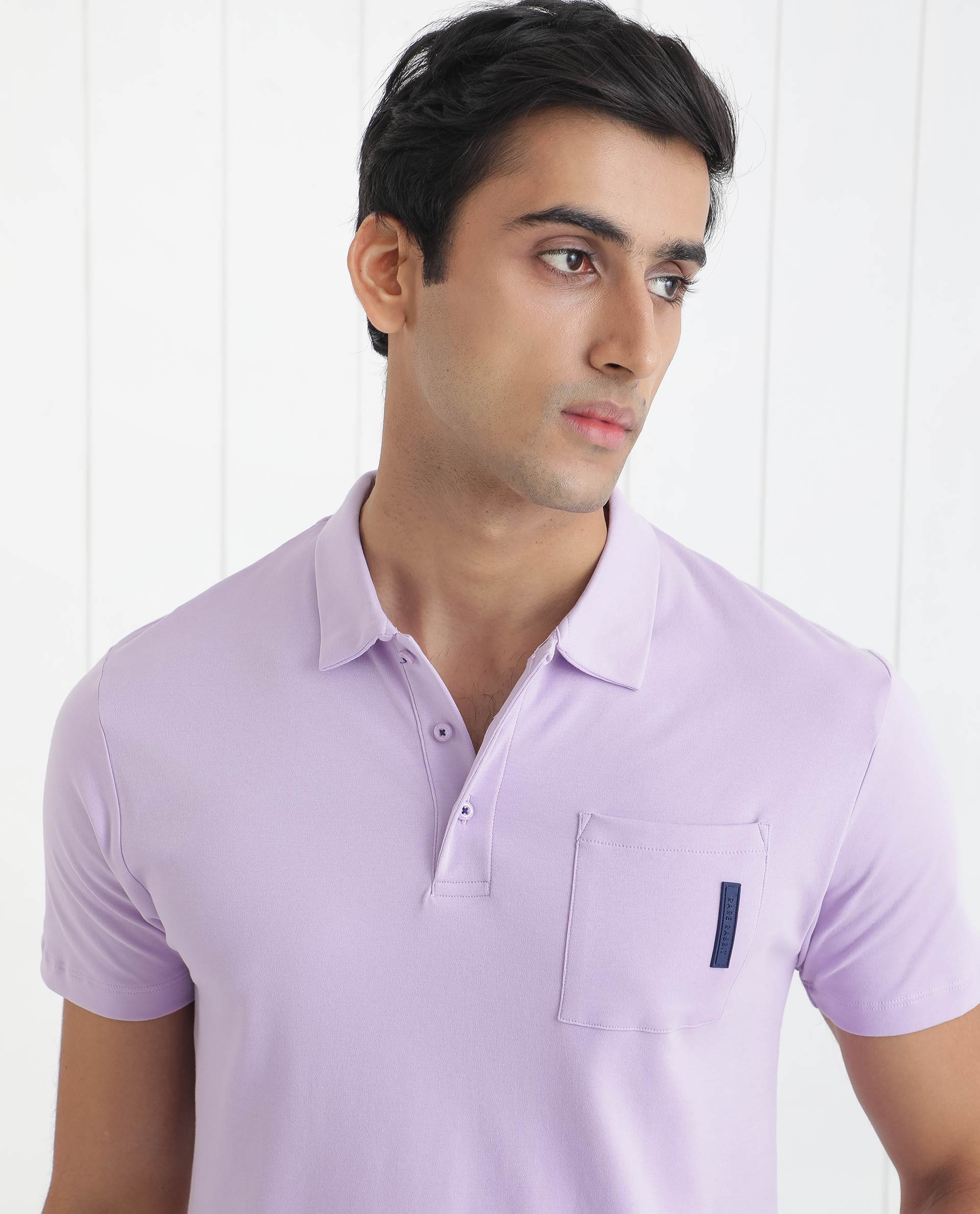 Rare Rabbit Men's Mirim Pastel Purple Cotton Plain Regular Fit Half Sleeve Polo - Image 5