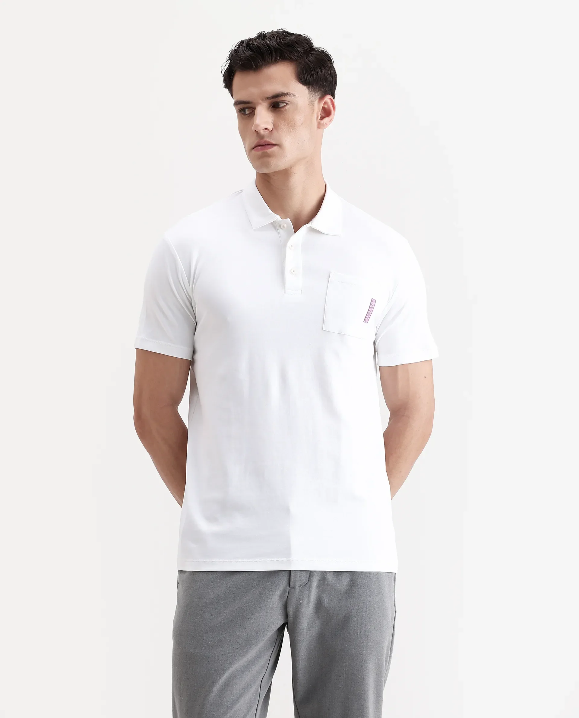 Rare Rabbit Men's Mirim White Cotton Plain Regular Fit Half Sleeve Polo - Image 4