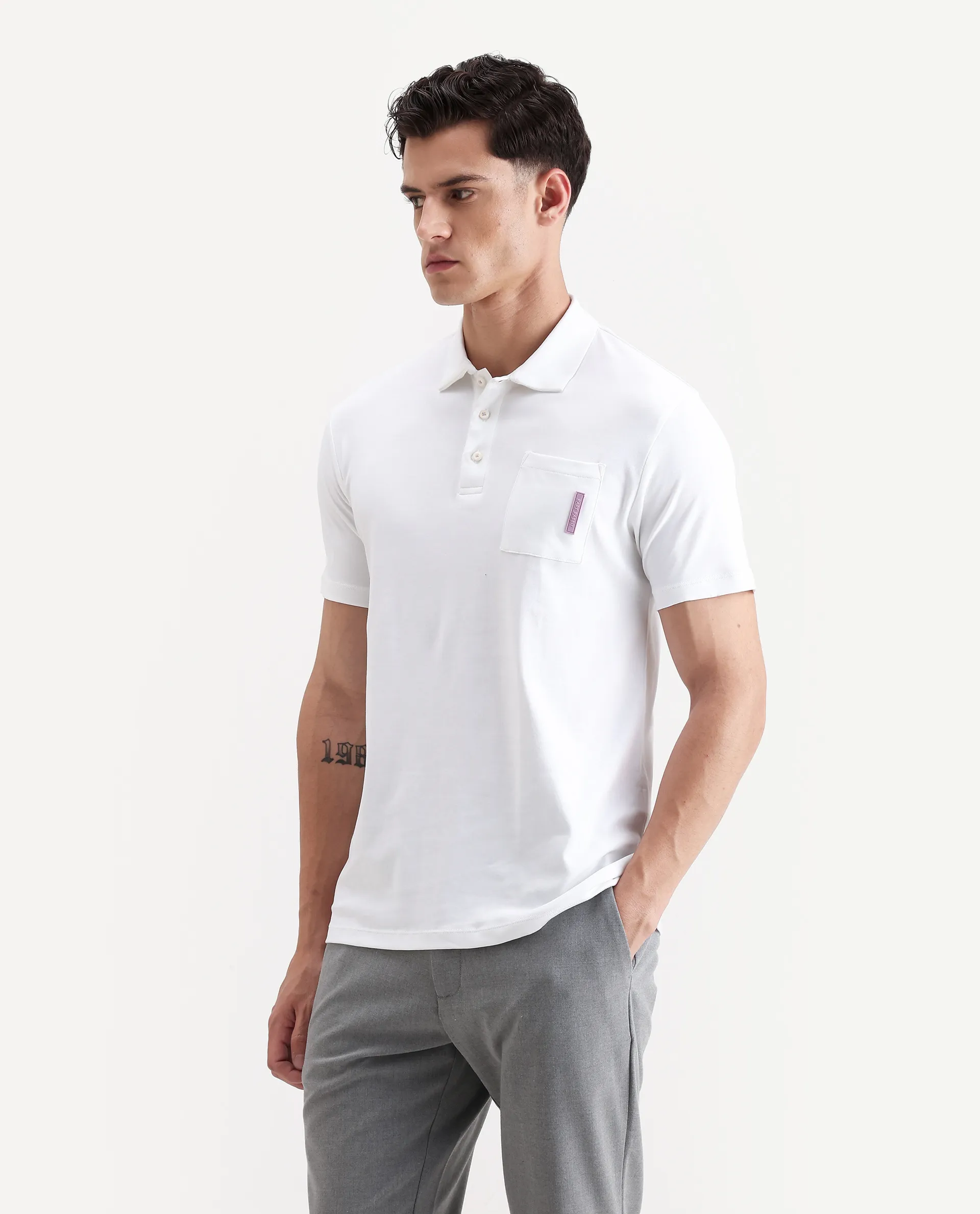 Rare Rabbit Men's Mirim White Cotton Plain Regular Fit Half Sleeve Polo - Image 5