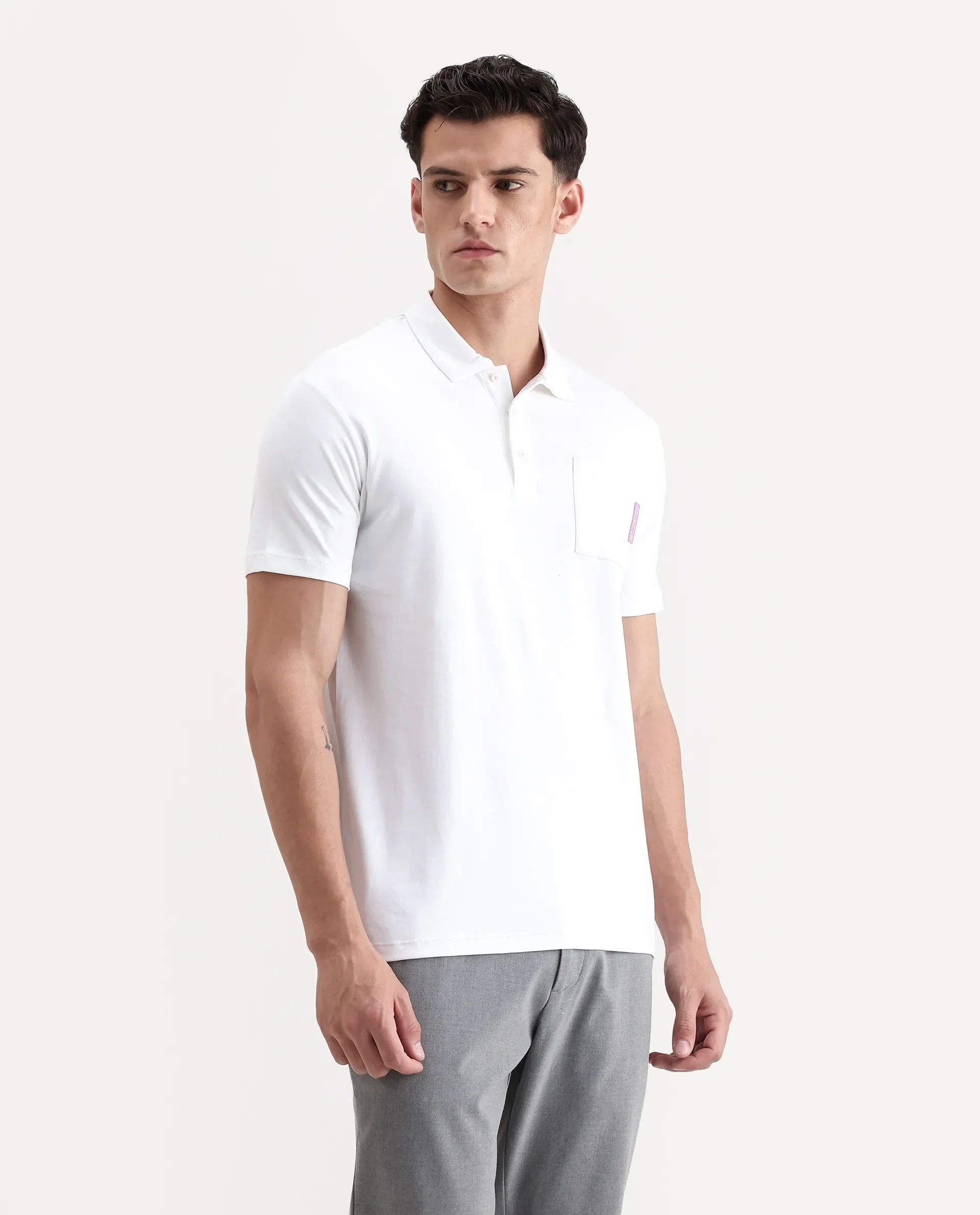 Rare Rabbit Men's Mirim White Cotton Plain Regular Fit Half Sleeve Polo - Image 6