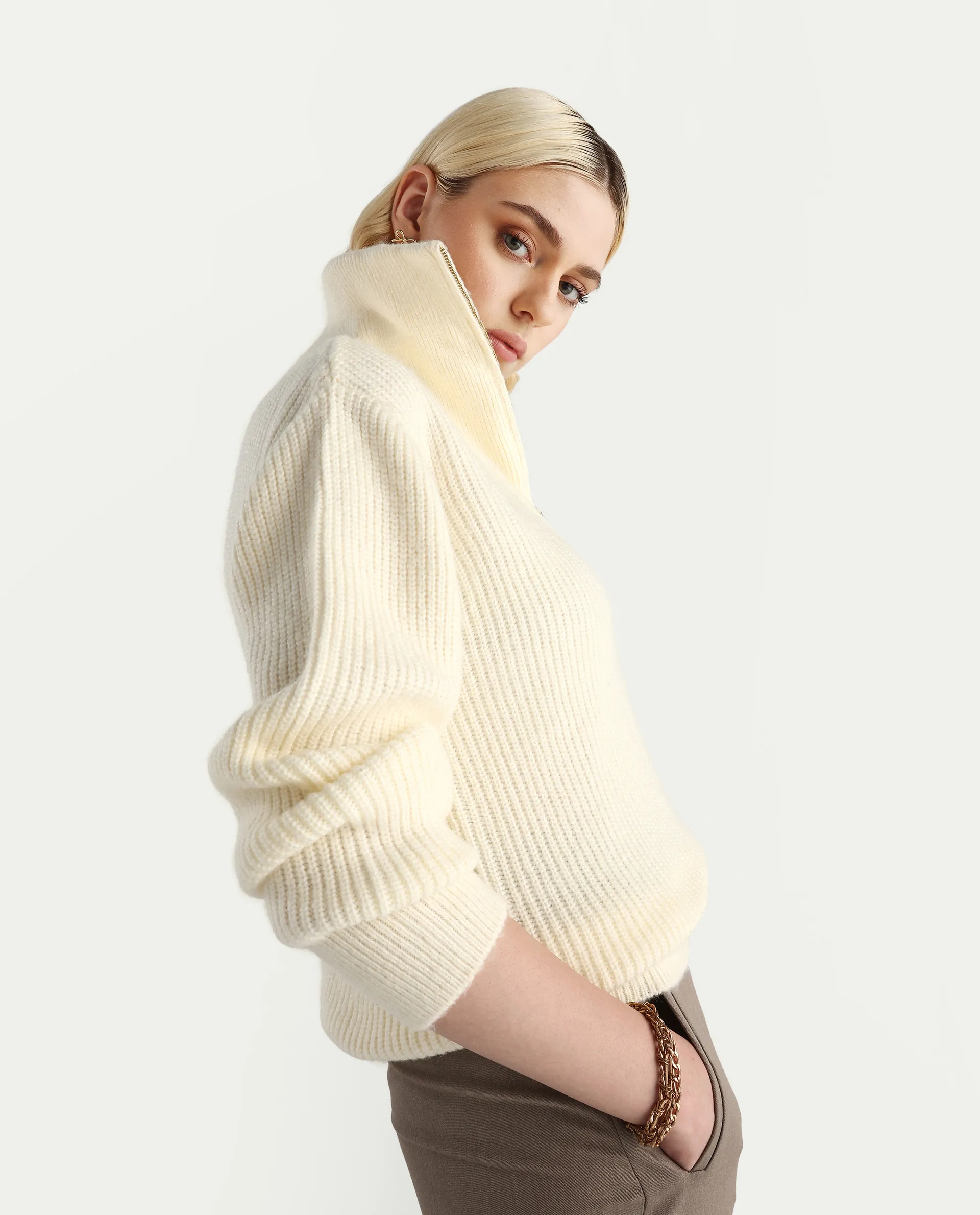 Rareism Women's Miris Off White Acrylic Blend High Neck Relaxed Fit Sweater