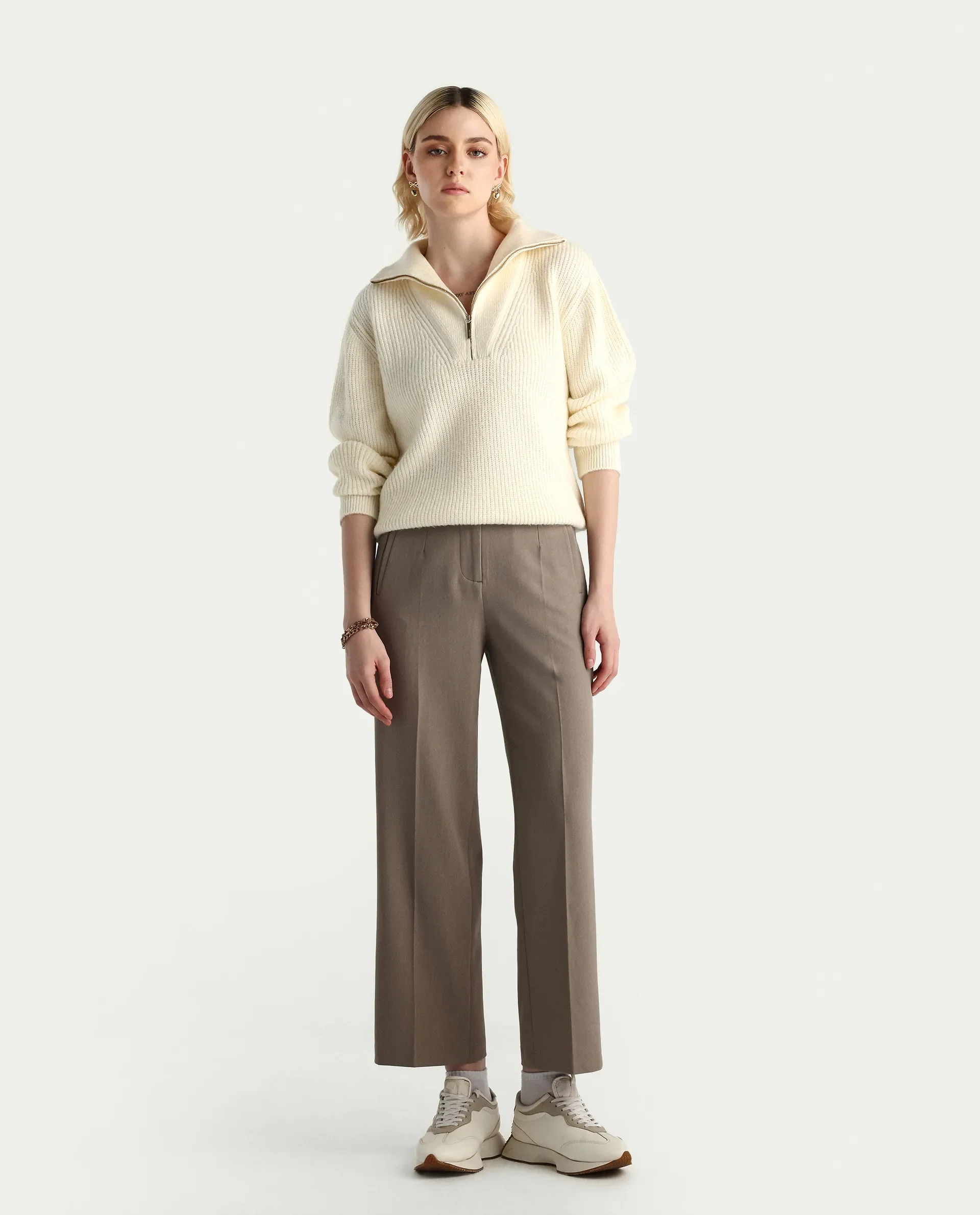 Rareism Women's Miris Off White Acrylic Blend High Neck Relaxed Fit Sweater - Image 2