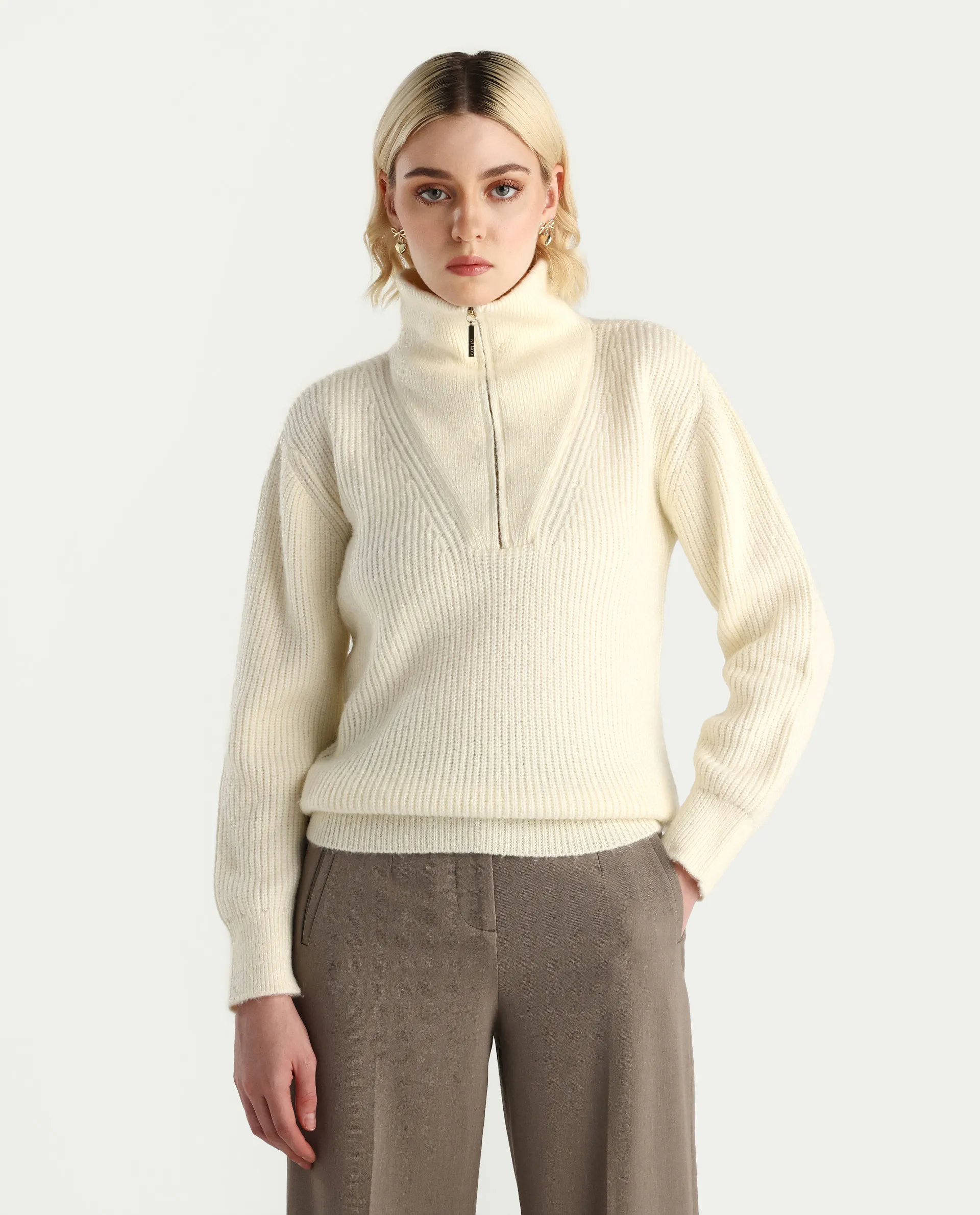 Rareism Women's Miris Off White Acrylic Blend High Neck Relaxed Fit Sweater - Image 3