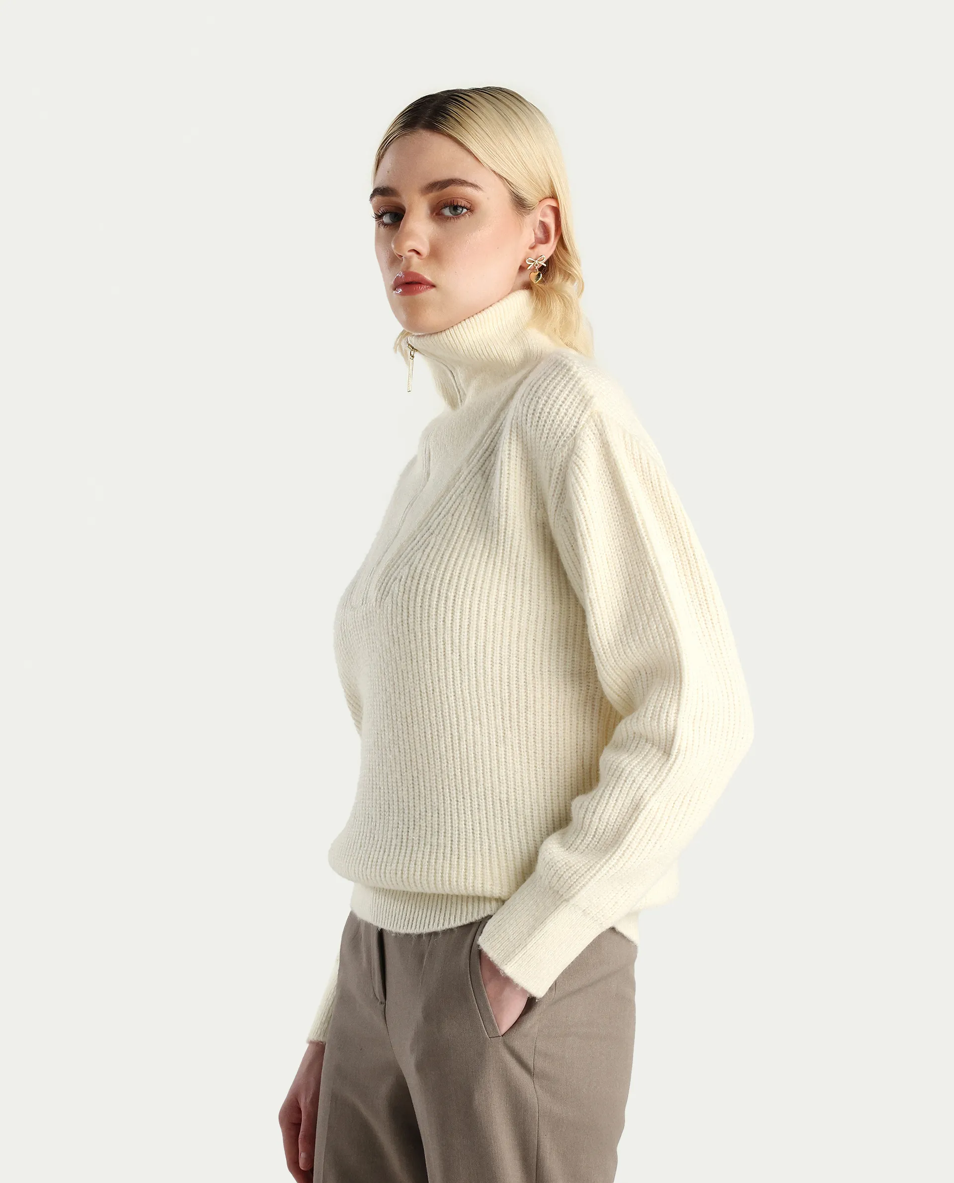 Rareism Women's Miris Off White Acrylic Blend High Neck Relaxed Fit Sweater - Image 5