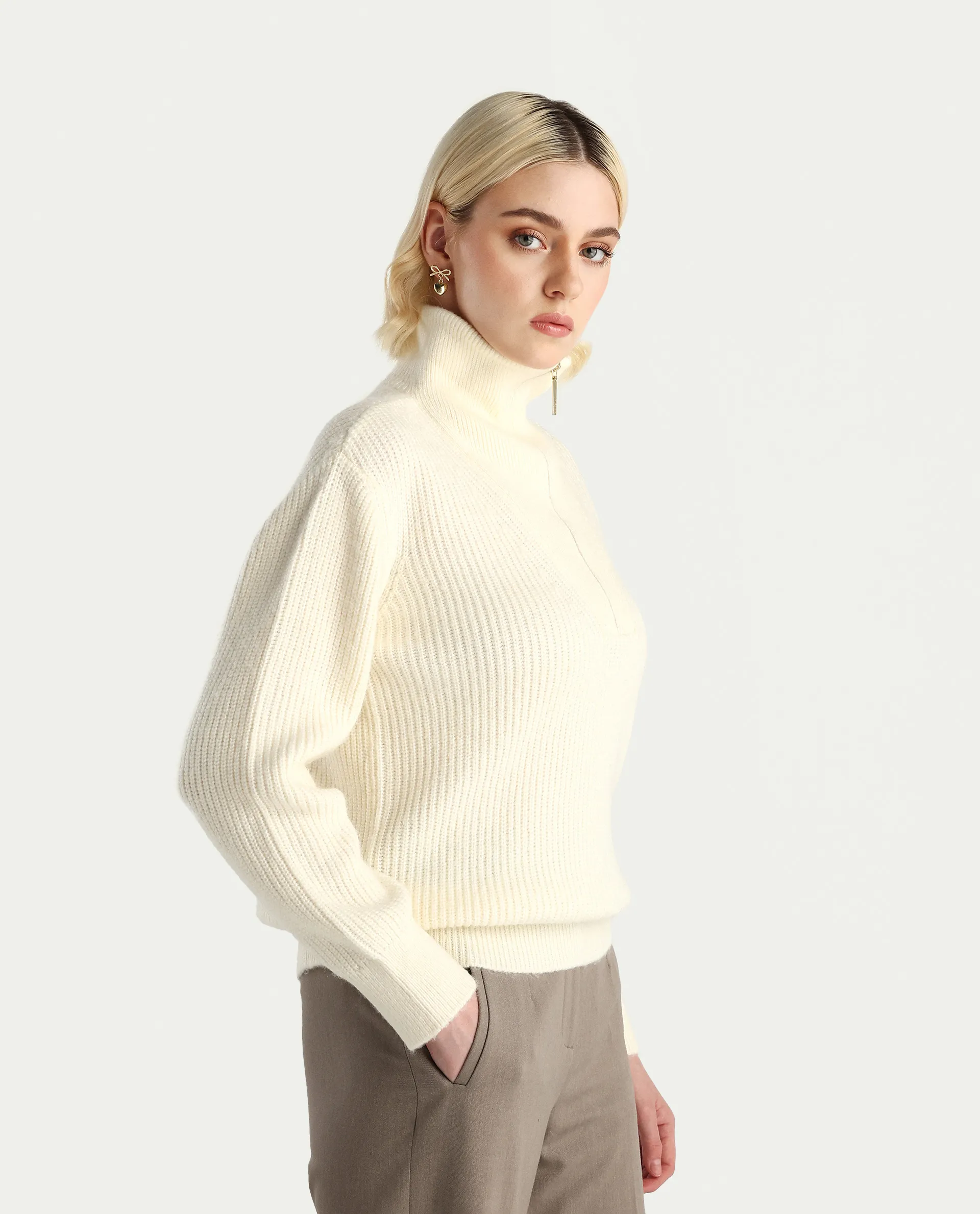 Rareism Women's Miris Off White Acrylic Blend High Neck Relaxed Fit Sweater - Image 6