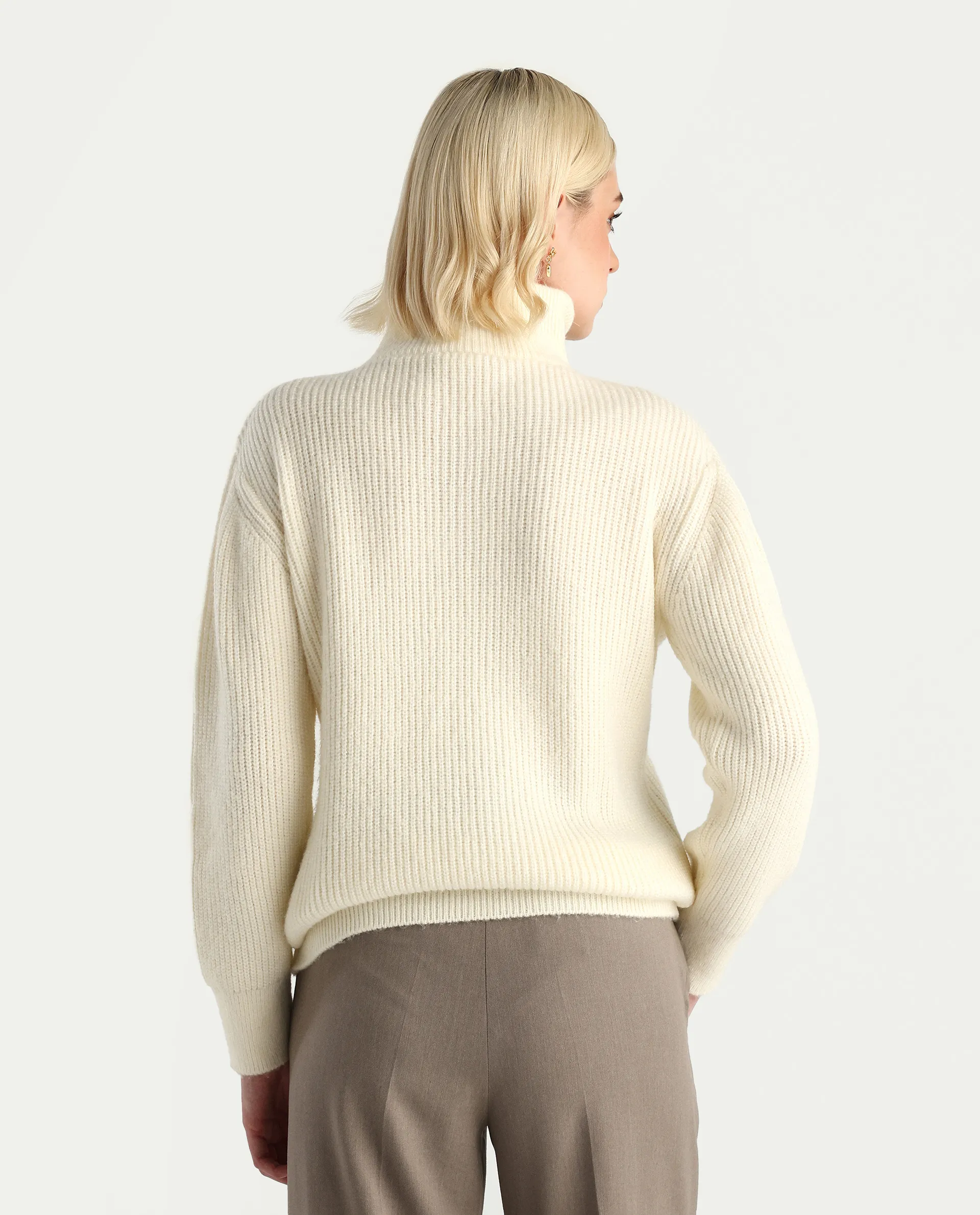 Rareism Women's Miris Off White Acrylic Blend High Neck Relaxed Fit Sweater - Image 7