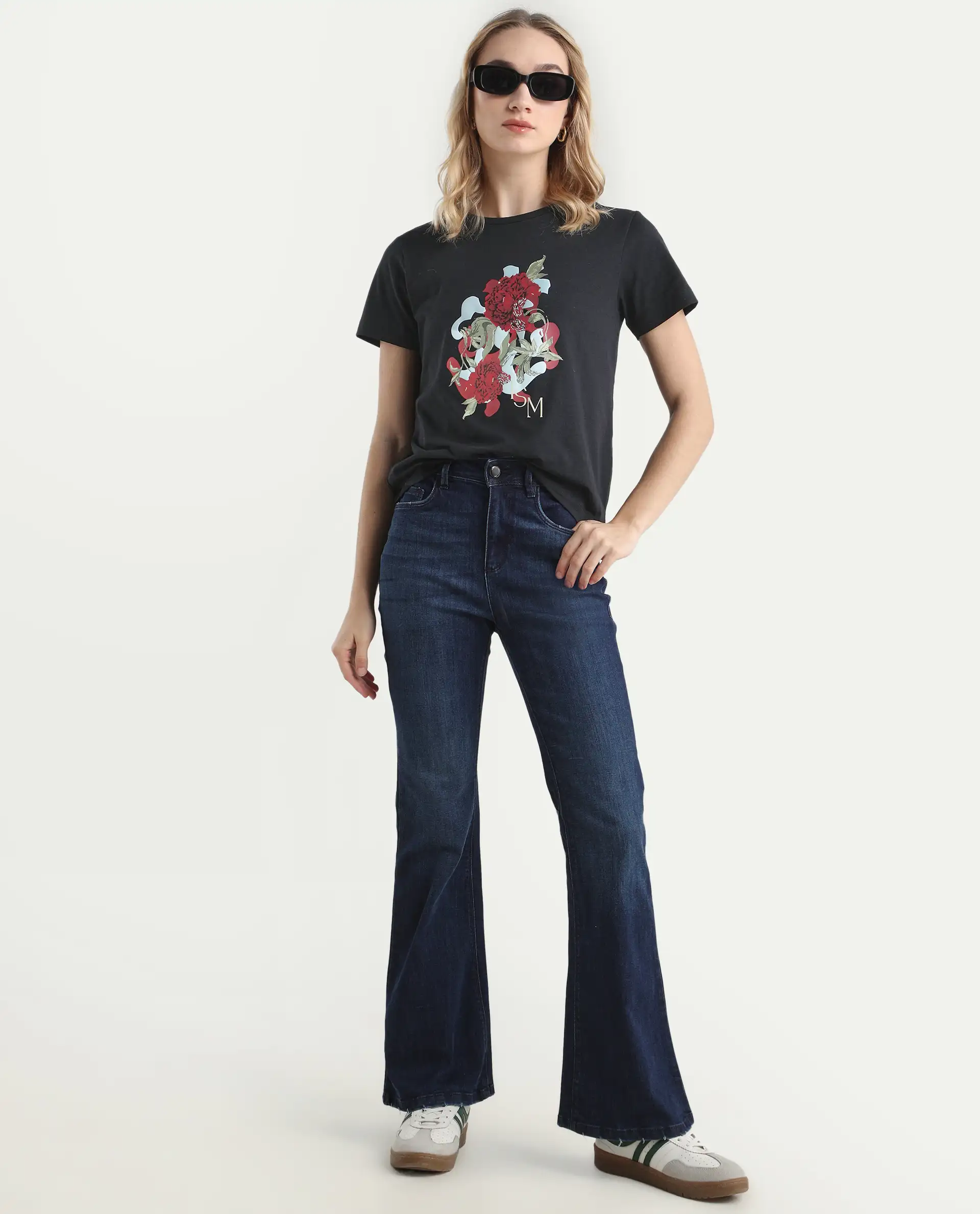 Rareism Women's Mirth Black Cotton Blend Crew Neck Graphic Print Regular Fit T-Shirt - Image 2