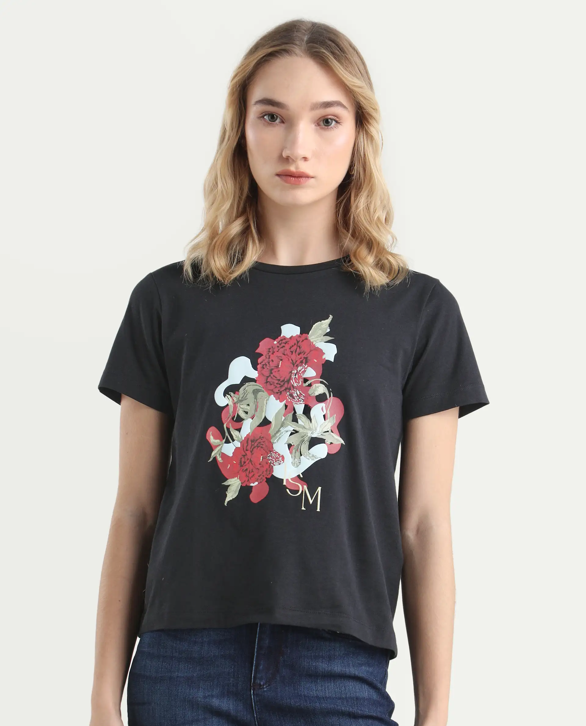 Rareism Women's Mirth Black Cotton Blend Crew Neck Graphic Print Regular Fit T-Shirt - Image 3