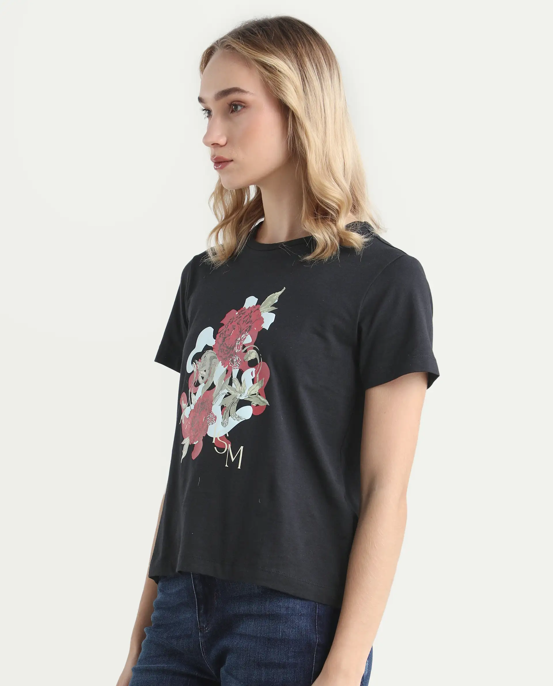 Rareism Women's Mirth Black Cotton Blend Crew Neck Graphic Print Regular Fit T-Shirt - Image 5