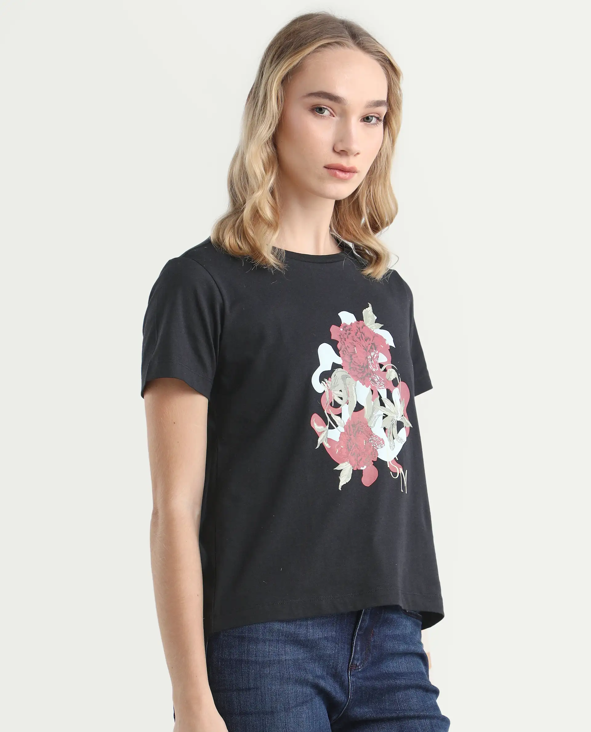 Rareism Women's Mirth Black Cotton Blend Crew Neck Graphic Print Regular Fit T-Shirt - Image 6