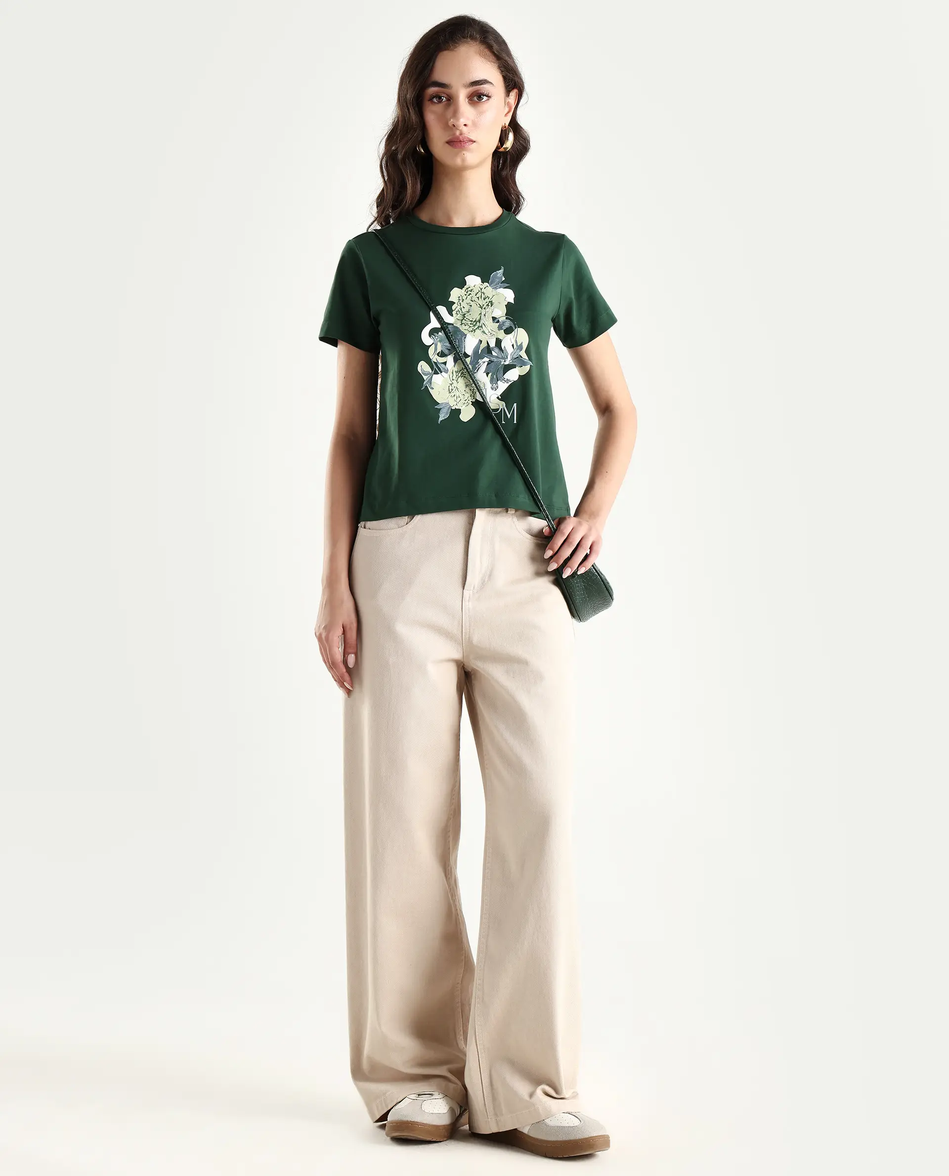 Rareism Women's Mirth Olive Cotton Blend Crew Neck Graphic Print Regular Fit T-Shirt - Image 2