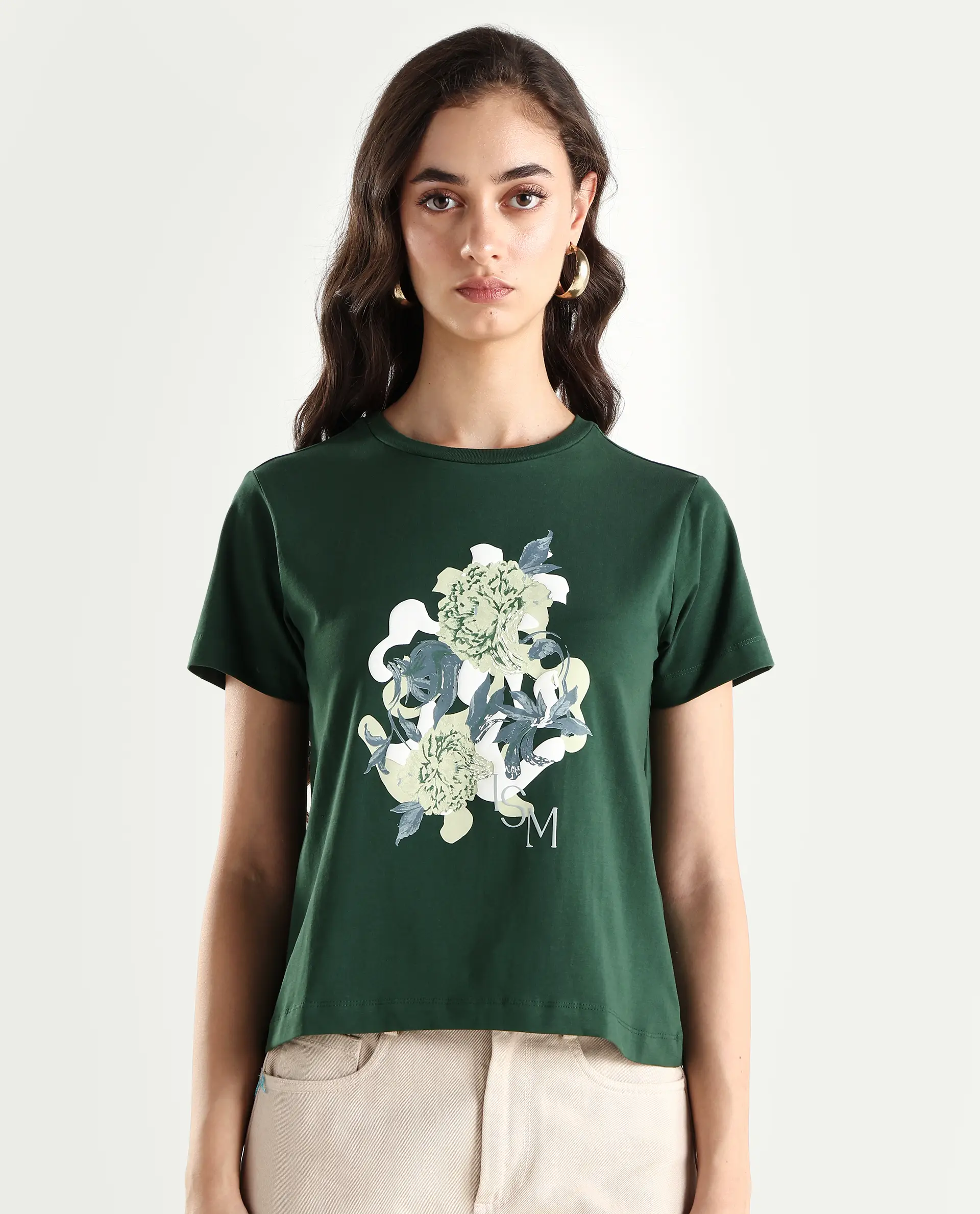 Rareism Women's Mirth Olive Cotton Blend Crew Neck Graphic Print Regular Fit T-Shirt - Image 3