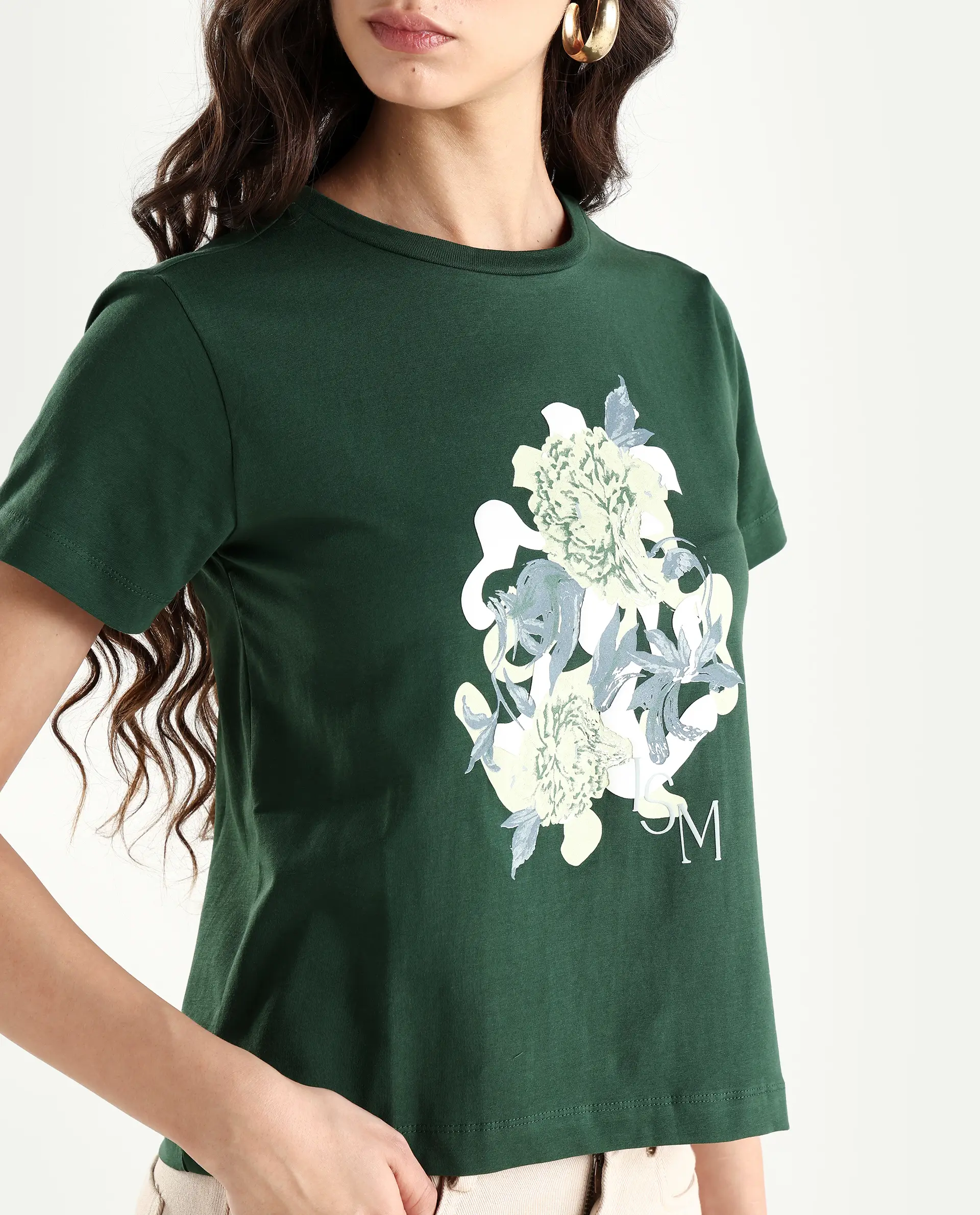 Rareism Women's Mirth Olive Cotton Blend Crew Neck Graphic Print Regular Fit T-Shirt - Image 4
