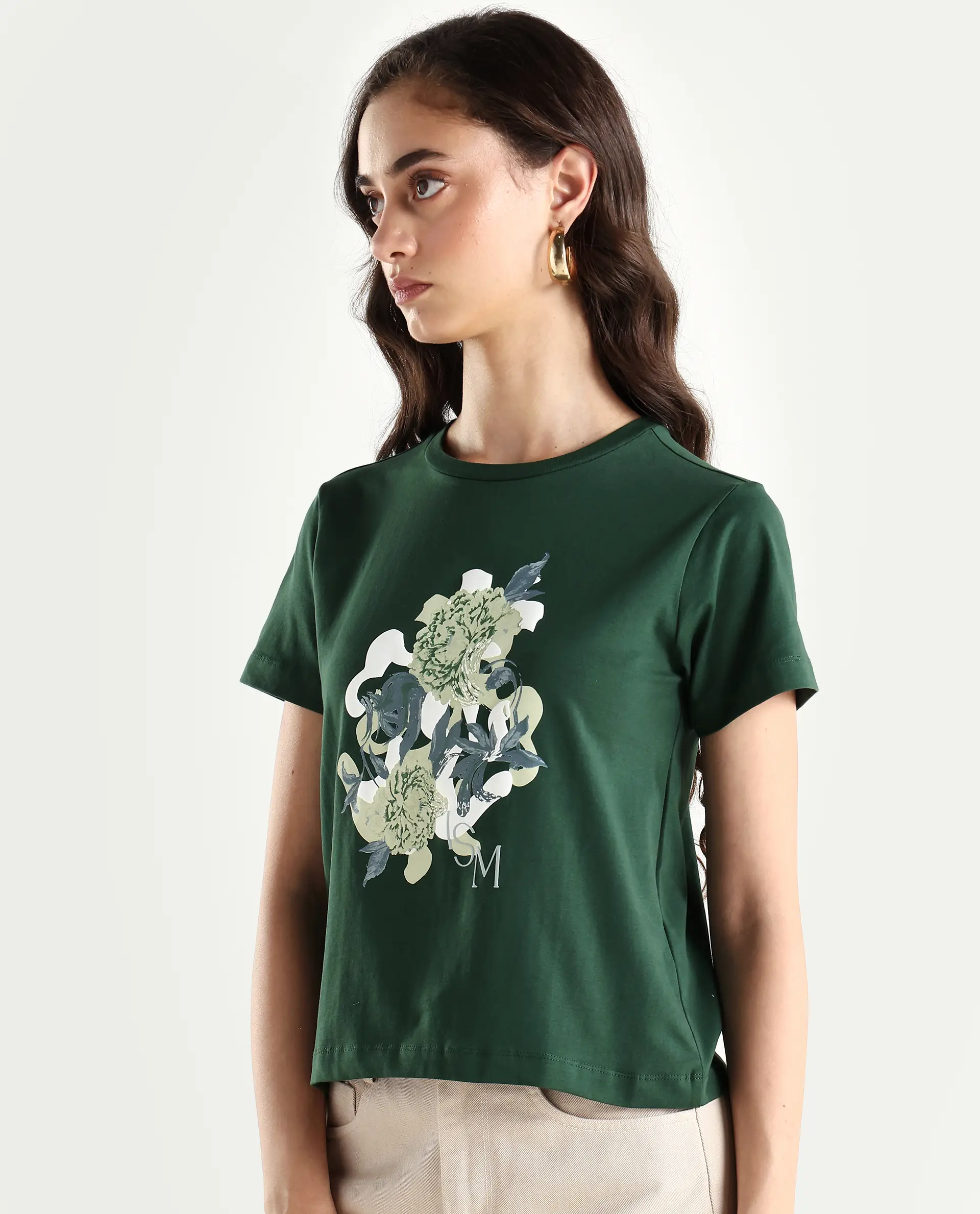 Rareism Women's Mirth Olive Cotton Blend Crew Neck Graphic Print Regular Fit T-Shirt - Image 5