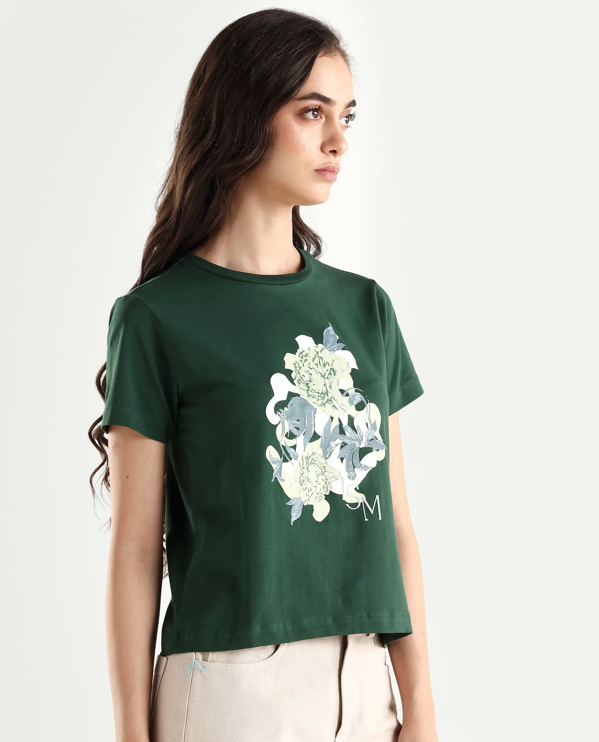 Rareism Women's Mirth Olive Cotton Blend Crew Neck Graphic Print Regular Fit T-Shirt - Image 6