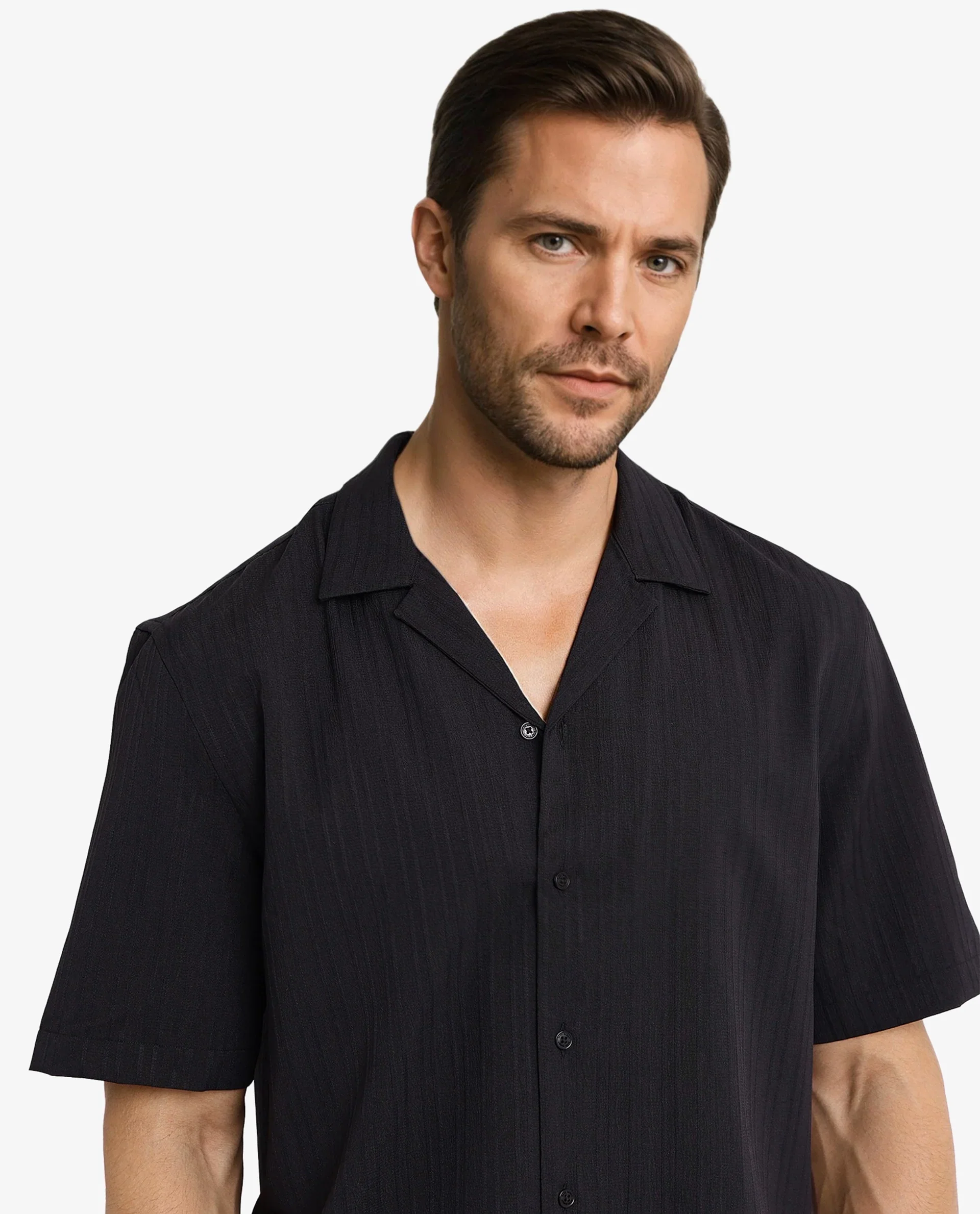 Rare Rabbit Men's Mirtilo Black Polyester Striped Print Boxy Fit Half Sleeve Cuban Collar Shirt - Image 2