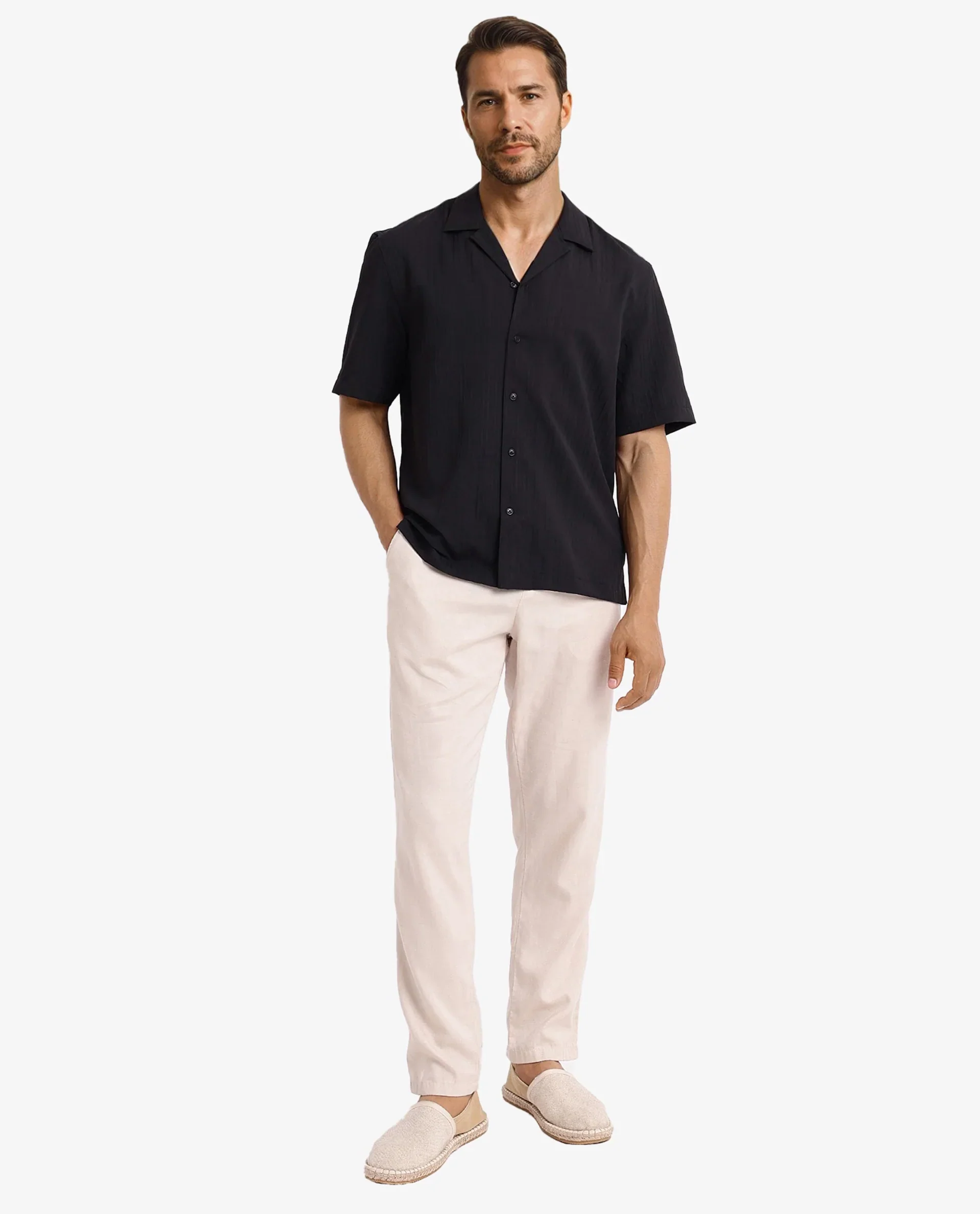 Rare Rabbit Men's Mirtilo Black Polyester Striped Print Boxy Fit Half Sleeve Cuban Collar Shirt - Image 3