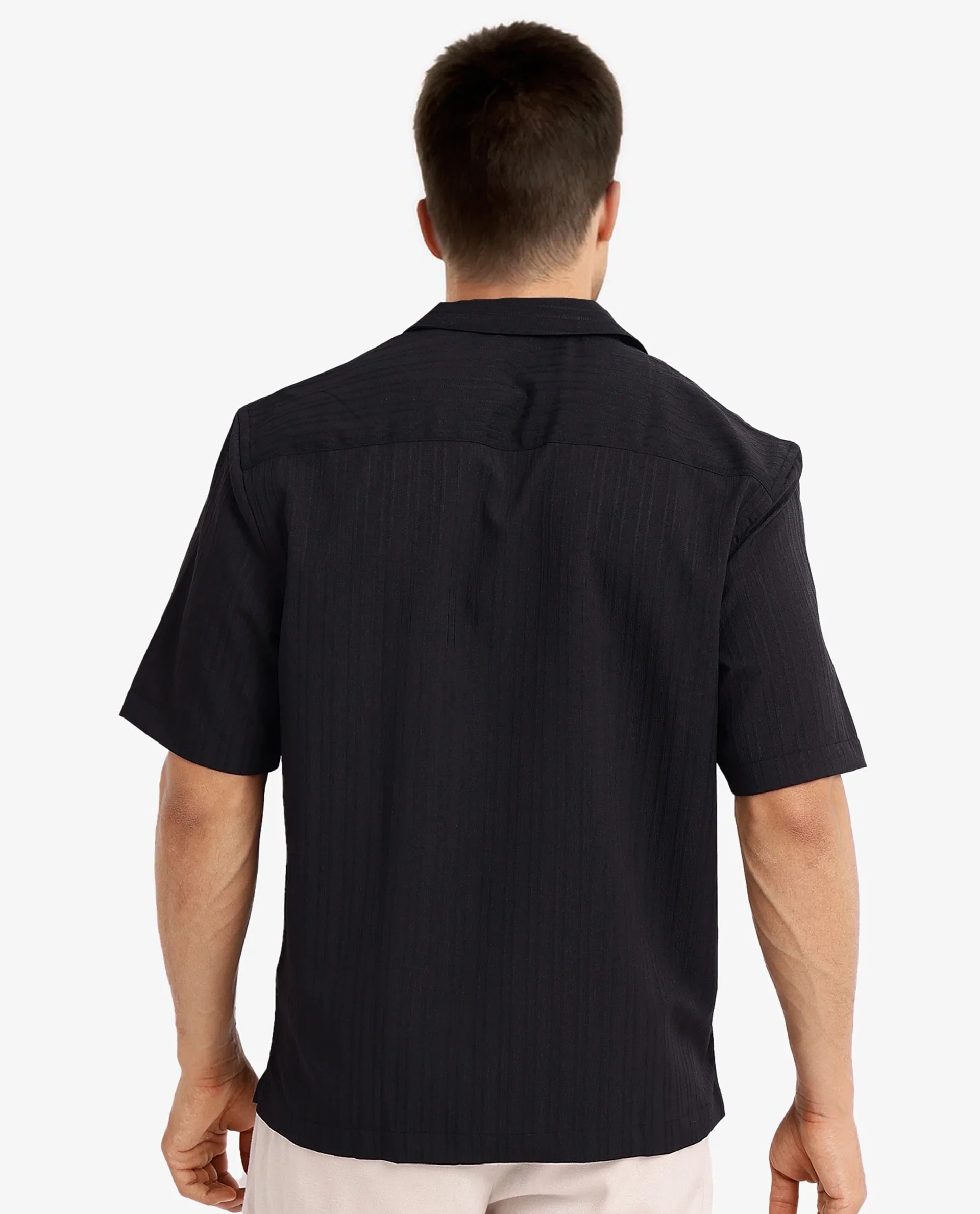 Rare Rabbit Men's Mirtilo Black Polyester Striped Print Boxy Fit Half Sleeve Cuban Collar Shirt - Image 4