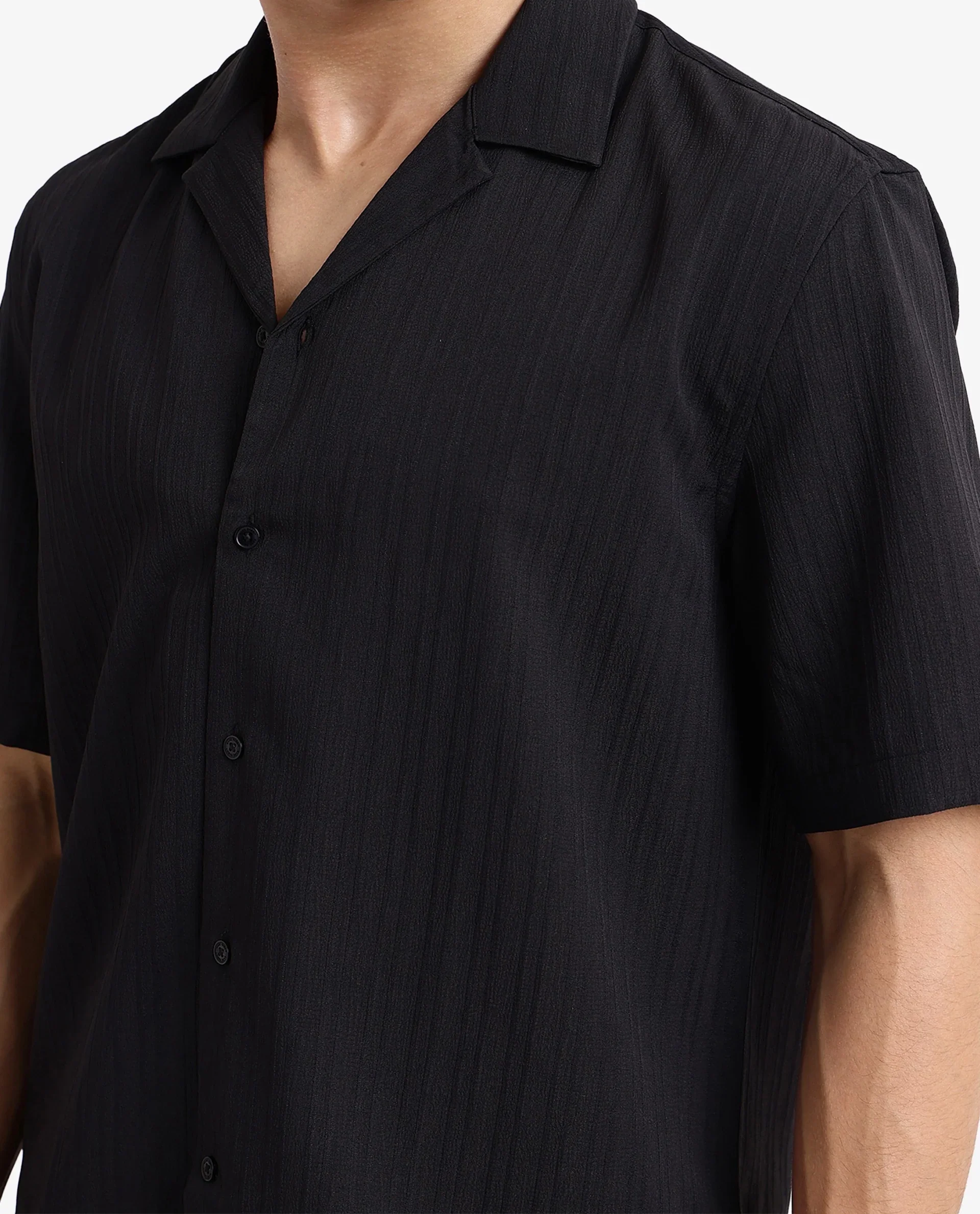 Rare Rabbit Men's Mirtilo Black Polyester Striped Print Boxy Fit Half Sleeve Cuban Collar Shirt - Image 5