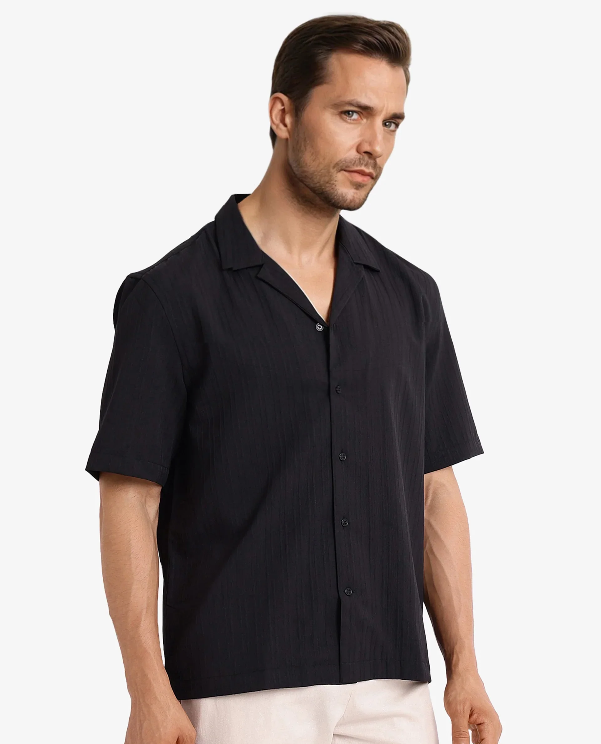 Rare Rabbit Men's Mirtilo Black Polyester Striped Print Boxy Fit Half Sleeve Cuban Collar Shirt - Image 7