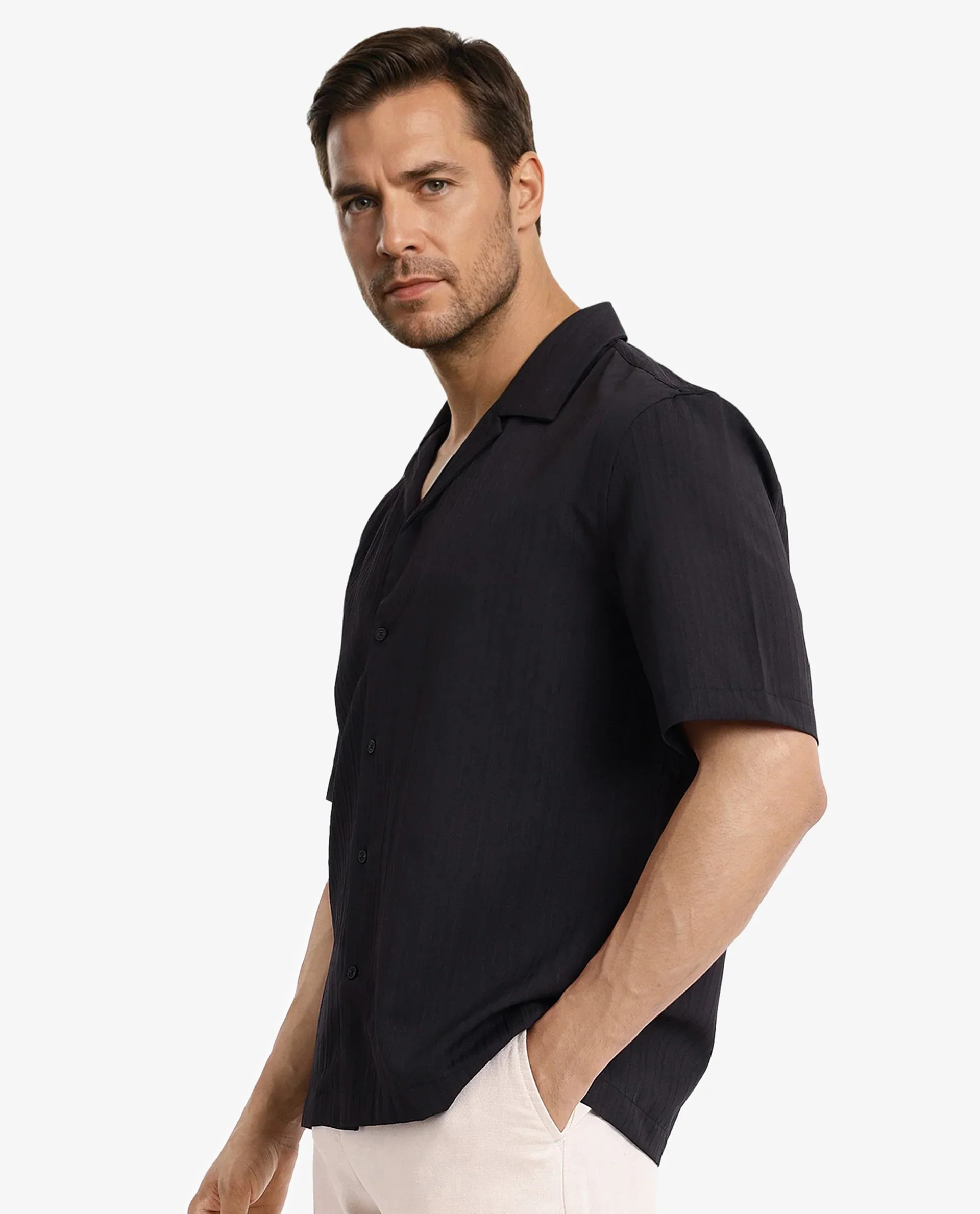 Rare Rabbit Men's Mirtilo Black Polyester Striped Print Boxy Fit Half Sleeve Cuban Collar Shirt - Image 8