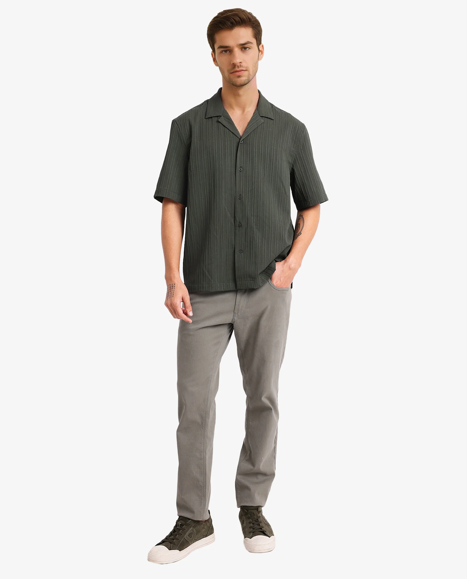 Rare Rabbit Men's Mirtilo Dark Green Polyester Striped Print Boxy Fit Half Sleeve Cuban Collar Shirt - Image 2