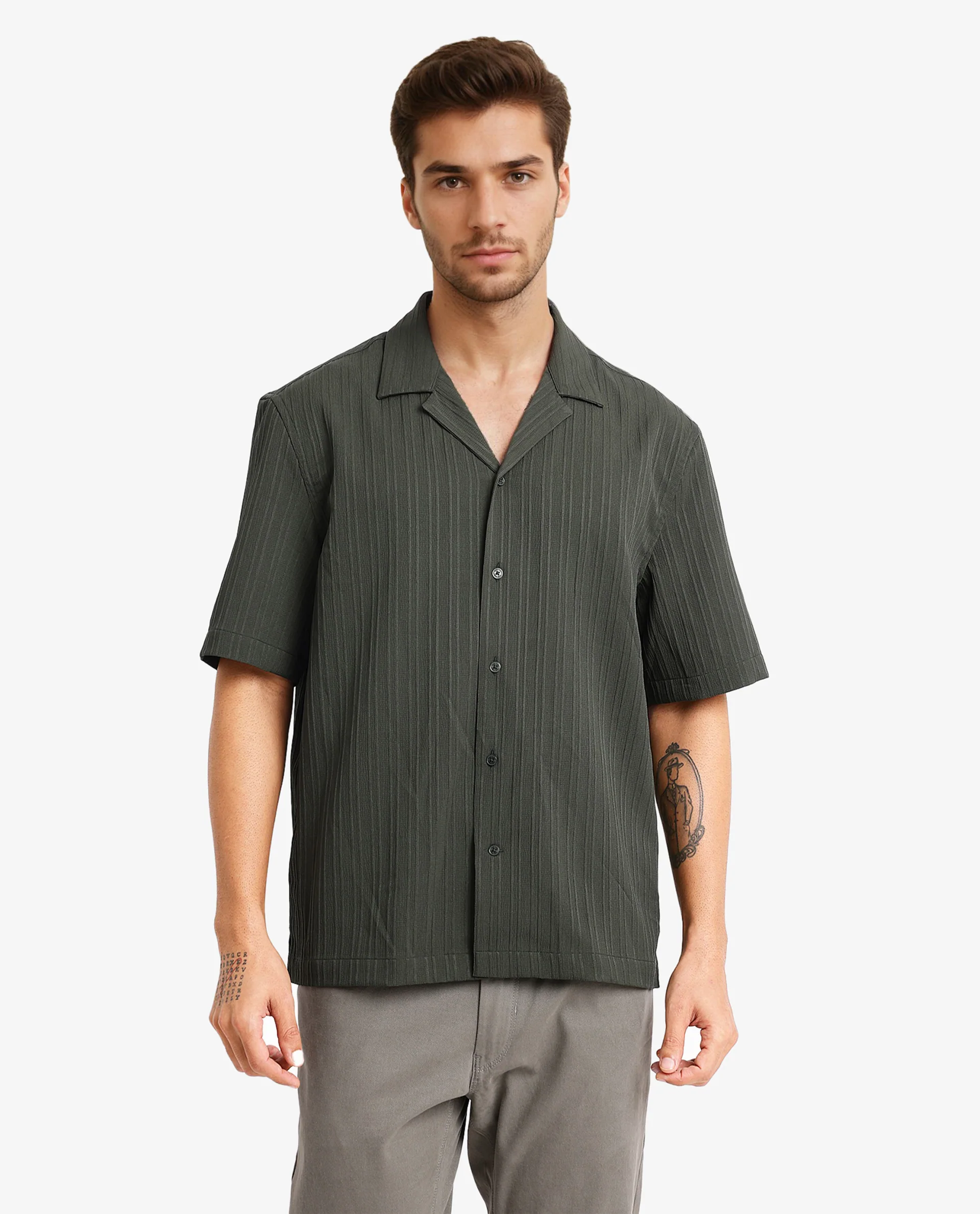 Rare Rabbit Men's Mirtilo Dark Green Polyester Striped Print Boxy Fit Half Sleeve Cuban Collar Shirt - Image 3