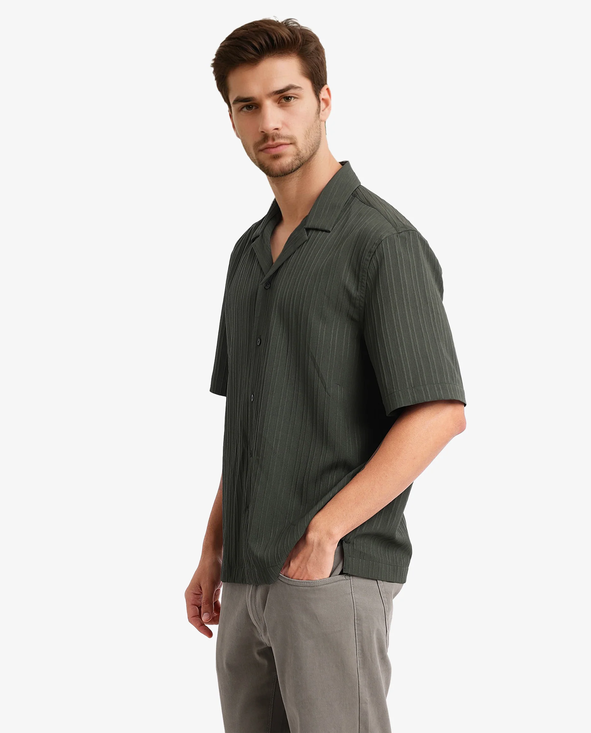Rare Rabbit Men's Mirtilo Dark Green Polyester Striped Print Boxy Fit Half Sleeve Cuban Collar Shirt - Image 5