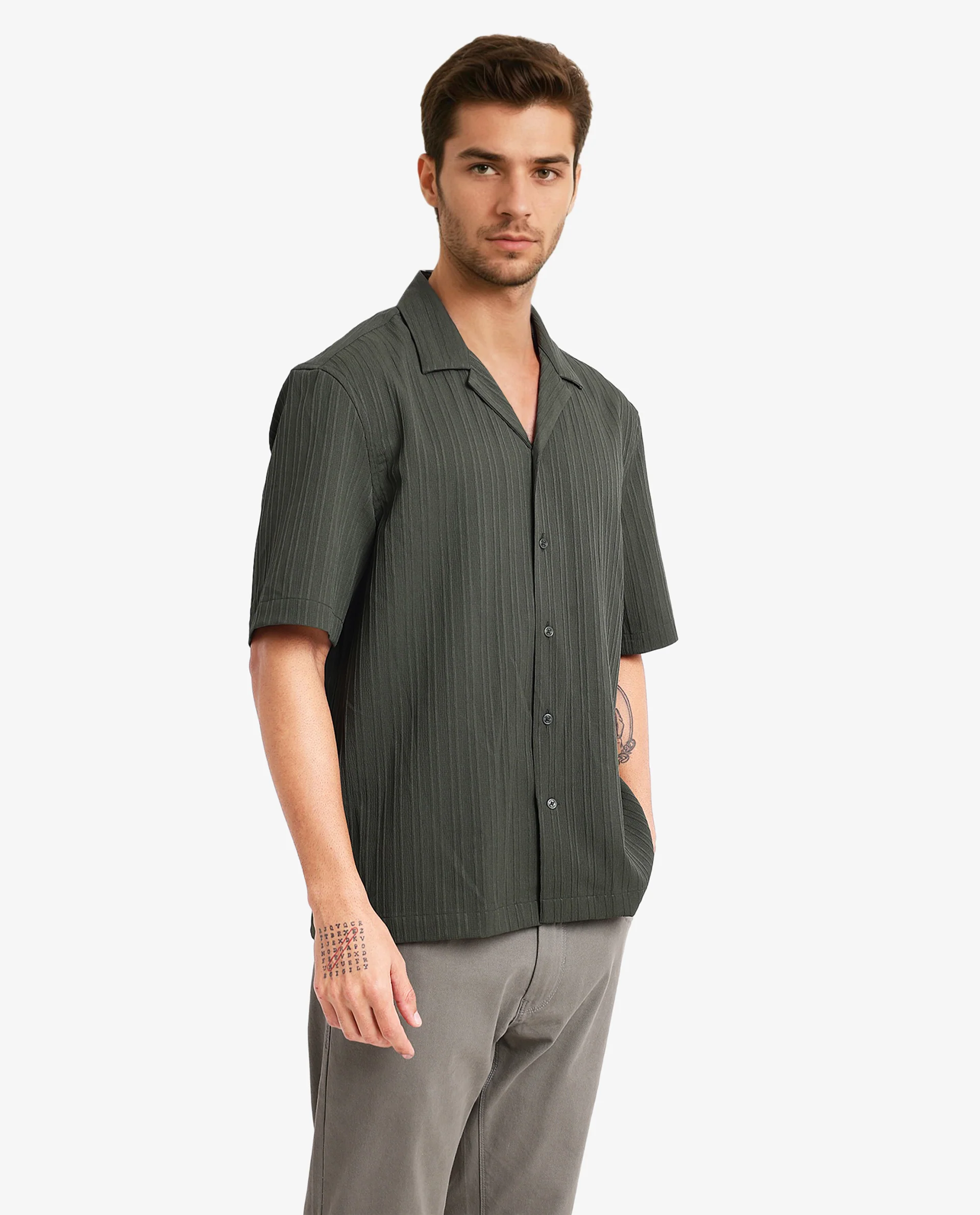 Rare Rabbit Men's Mirtilo Dark Green Polyester Striped Print Boxy Fit Half Sleeve Cuban Collar Shirt - Image 6