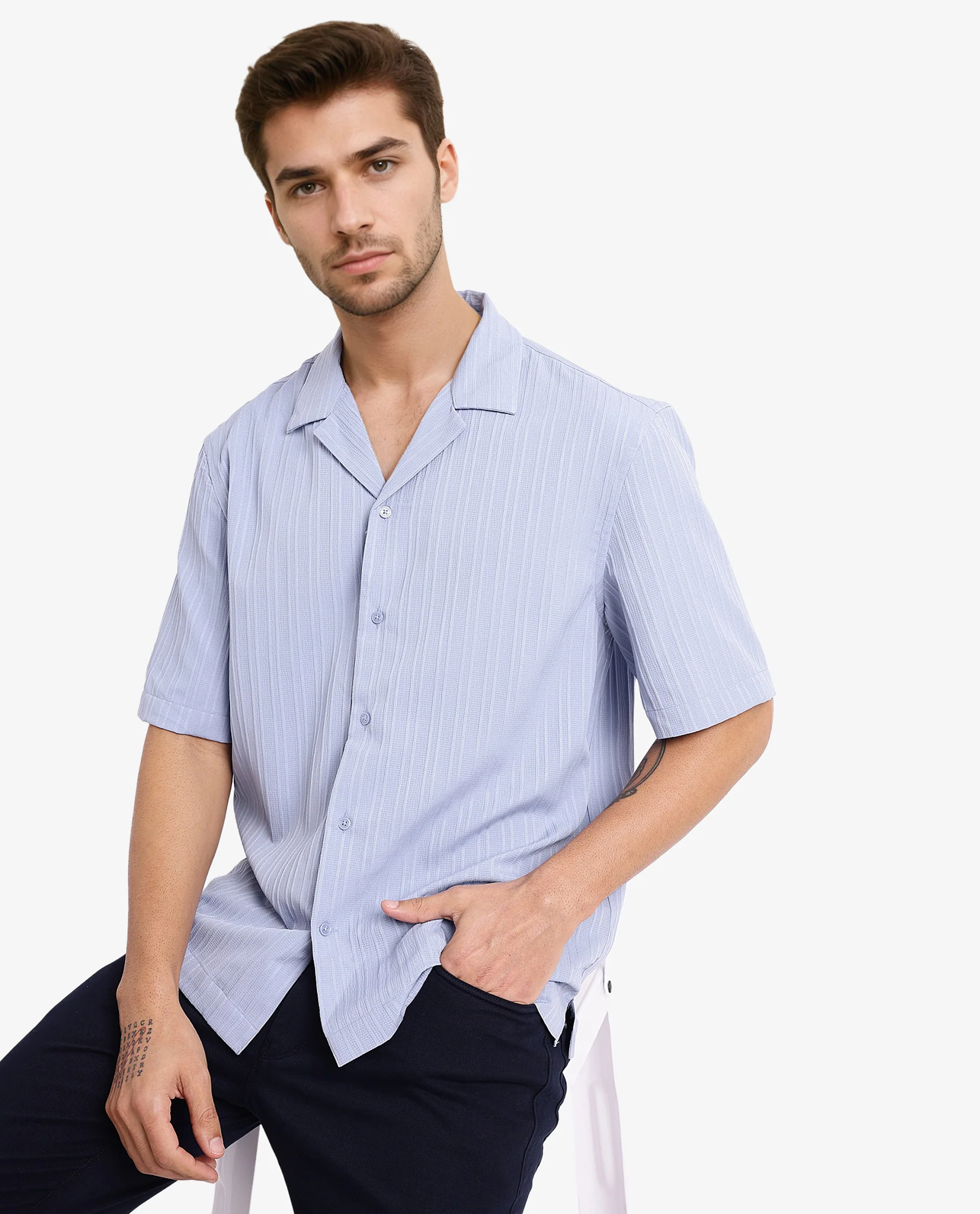 Rare Rabbit Men's Mirtilo Light Blue Polyester Striped Print Boxy Fit Half Sleeve Cuban Collar Shirt