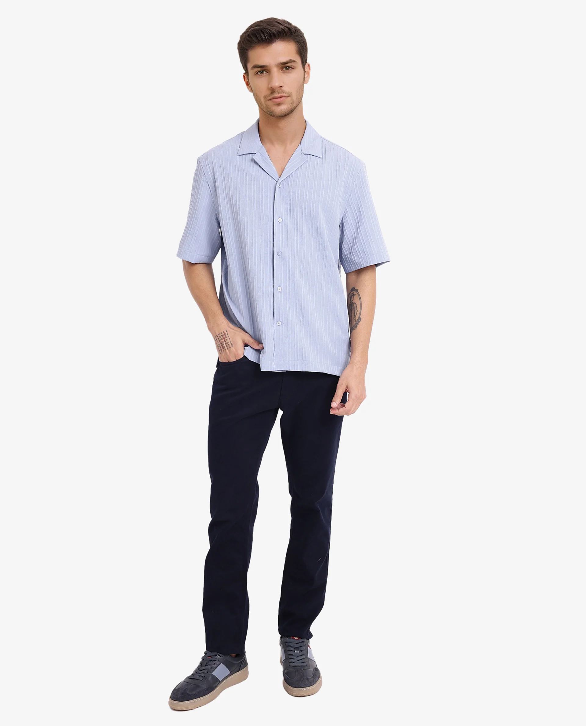 Rare Rabbit Men's Mirtilo Light Blue Polyester Striped Print Boxy Fit Half Sleeve Cuban Collar Shirt - Image 2